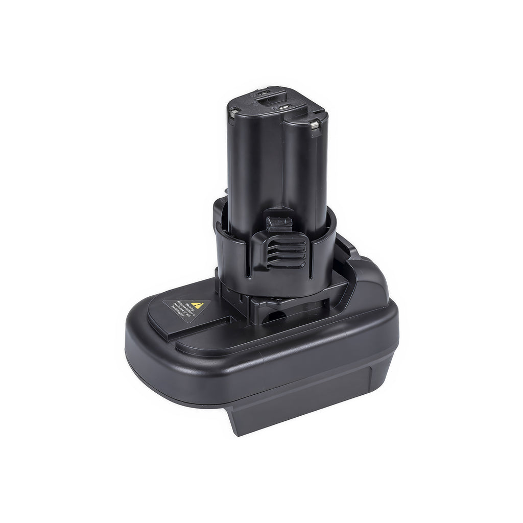 DeWalt 20V MAX to Makita 10.8V CXT battery adapter - Makita tool-side post upward, warning label on the base top face