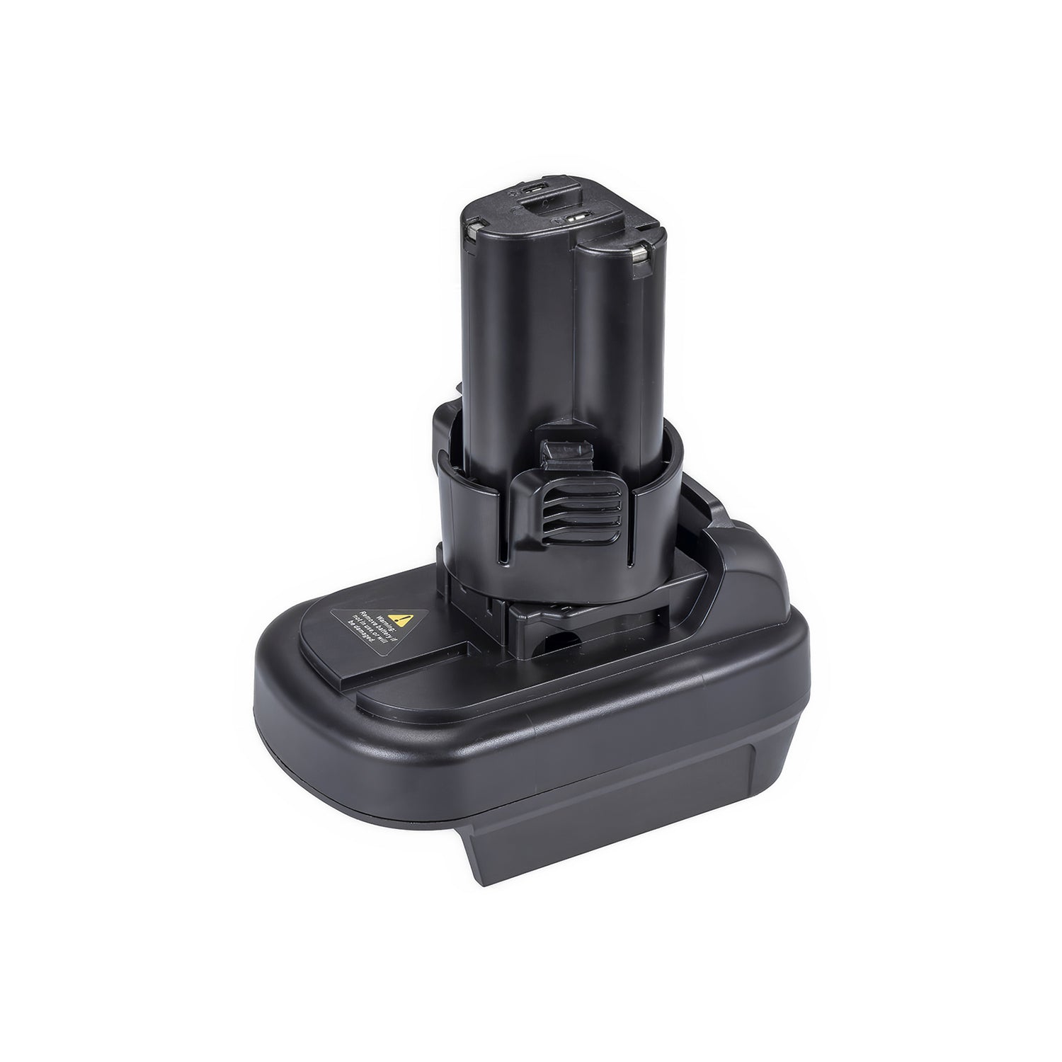 DeWalt 20V MAX to Makita 10.8V CXT battery adapter - Makita tool-side post upward, warning label on the base top face