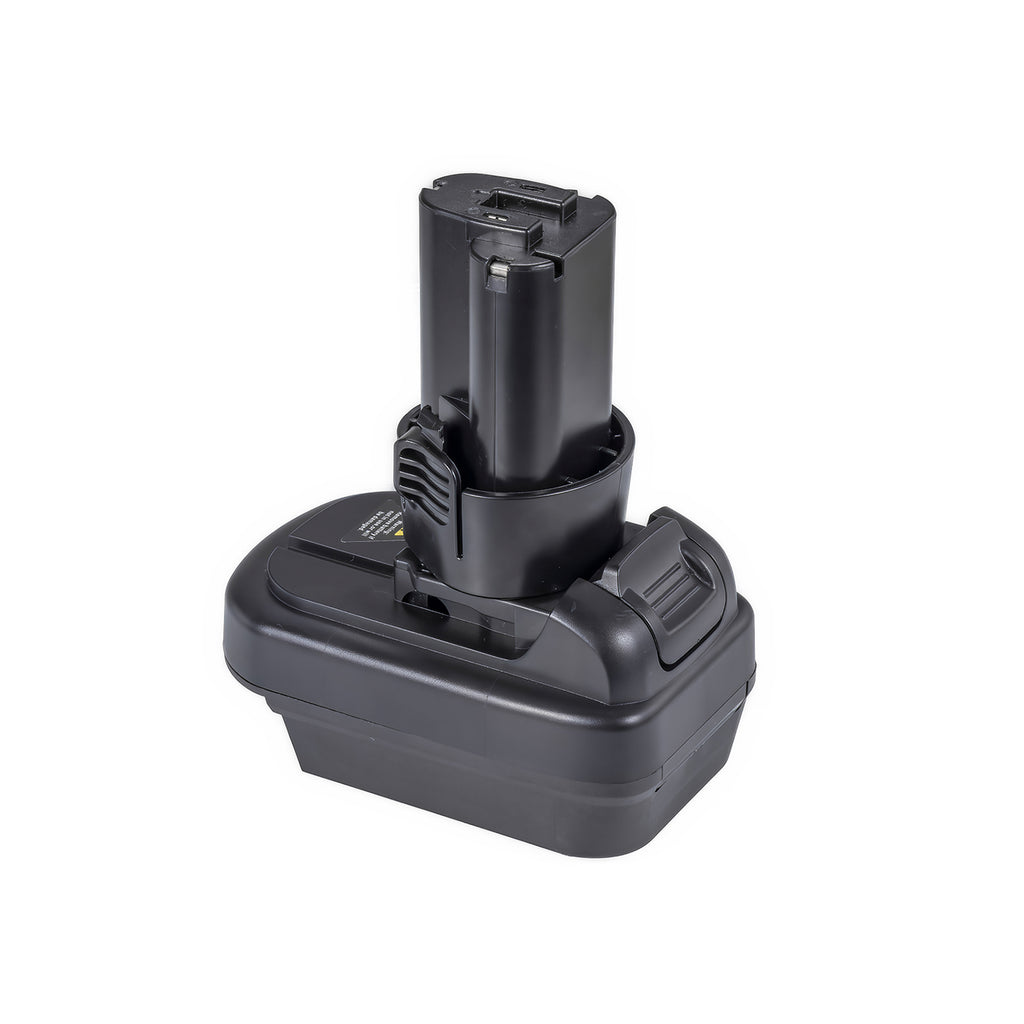 DeWalt 20V MAX to Makita 10.8V CXT battery adapter - Makita tool-side post upward, ribbed pad recessed in the base corner