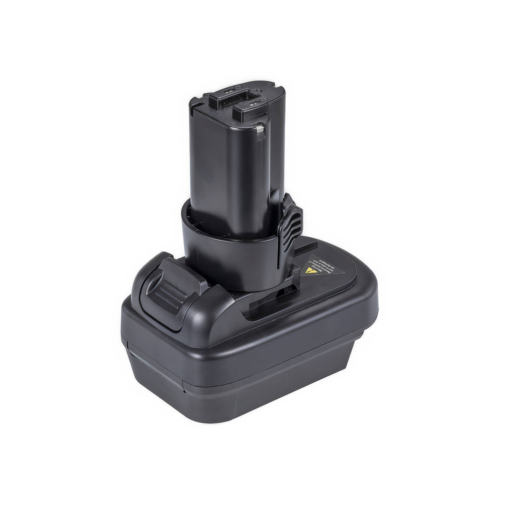DeWalt 20V MAX to Makita 10.8V CXT battery adapter - Makita tool-side post upward with its ribbed release catch