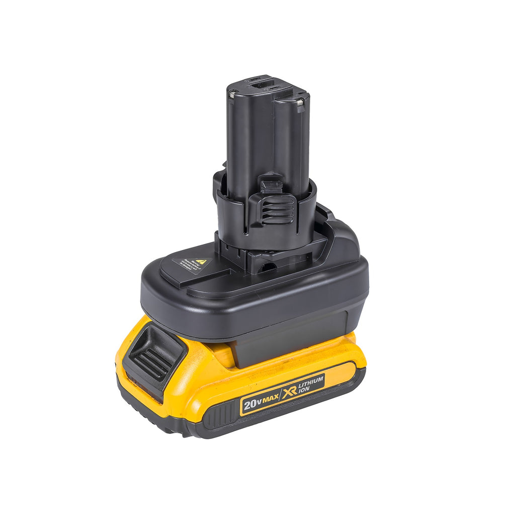 DeWalt 20V MAX to Makita 10.8V CXT battery adapter - fitted to the battery, Makita tool-side post upward with its terminal