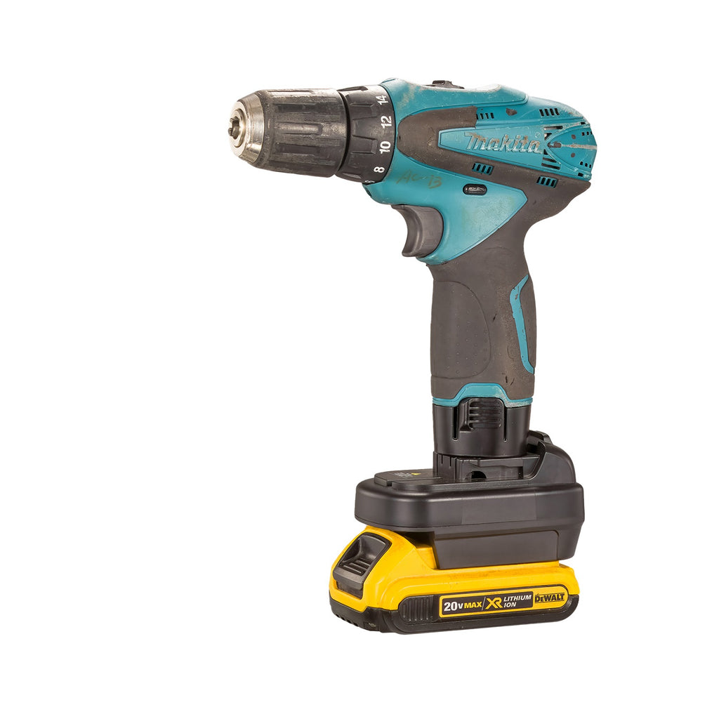 DeWalt 20V MAX to Makita 10.8V CXT battery adapter - cordless drill installed on the tool-side connection