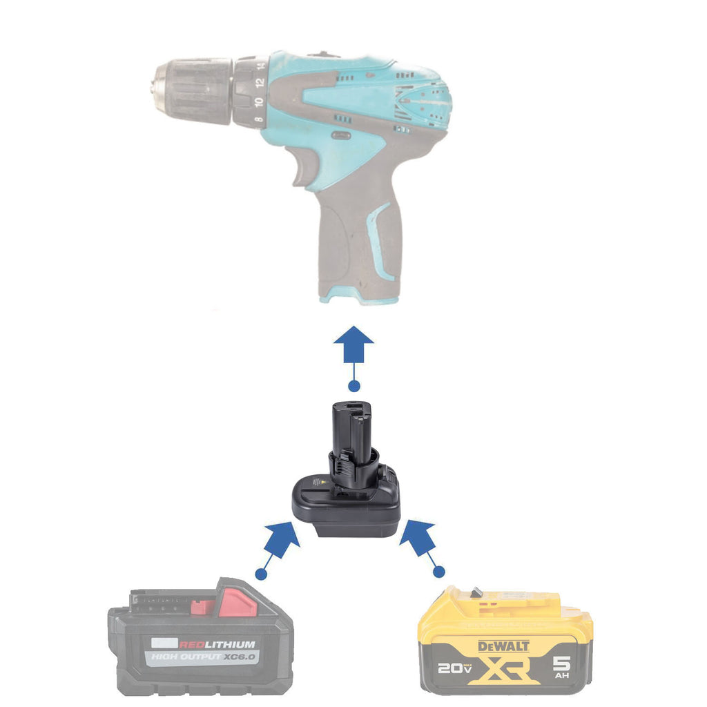 DeWalt 20V MAX to Makita 10.8V CXT battery adapter - compatibility diagram showing battery, adapter and drill driver