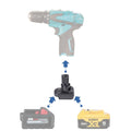 DeWalt 20V MAX to Makita 10.8V CXT battery adapter - compatibility diagram showing battery, adapter and drill driver