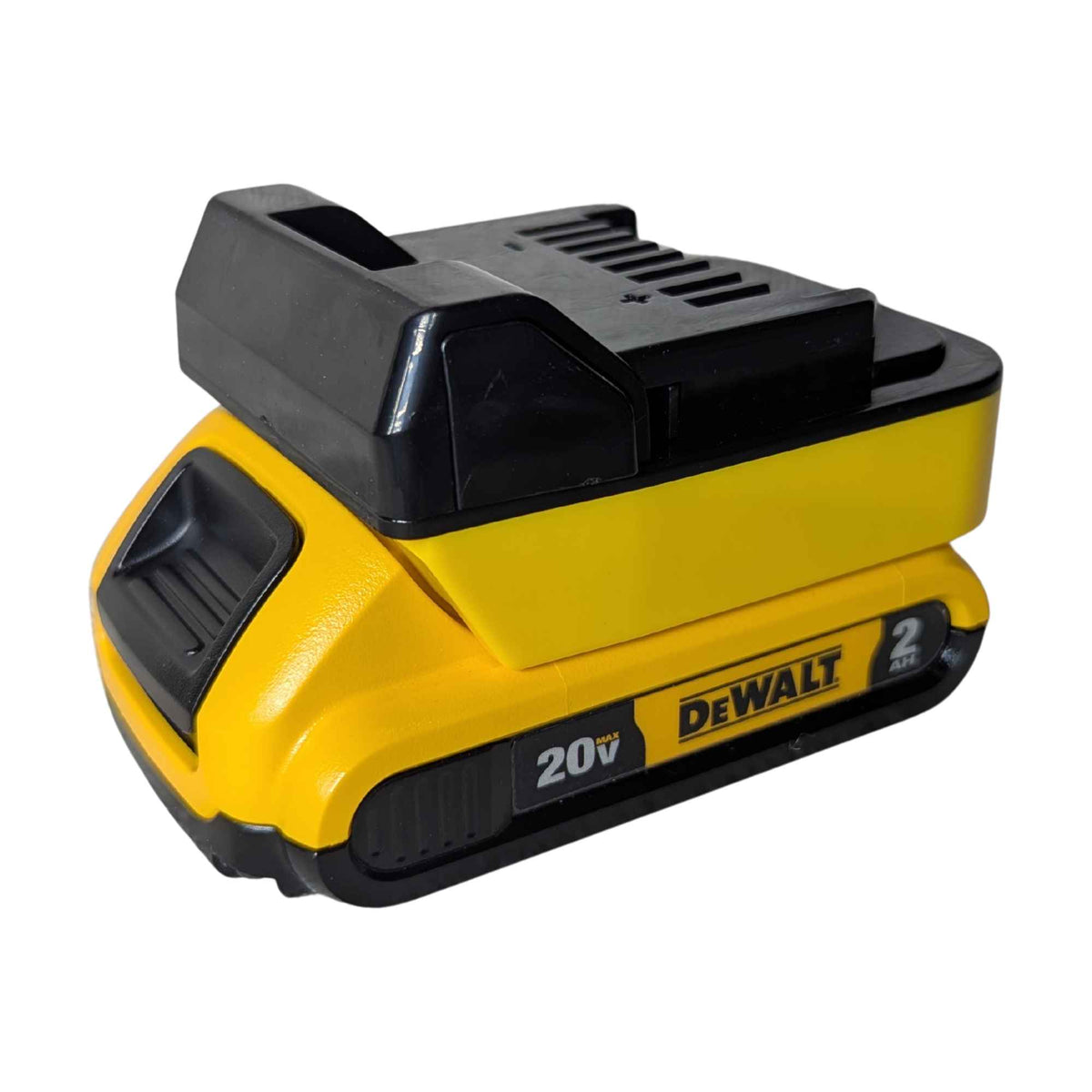 DeWalt 20V MAX to Metabo HPT 18V battery adapter - fitted to the DeWalt 20V MAX battery, tool-side block facing up