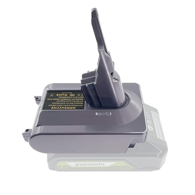 Greenworks 24V to Dyson V8 battery adapter - fitted to the Greenworks 24V battery, Dyson tool-side post upward