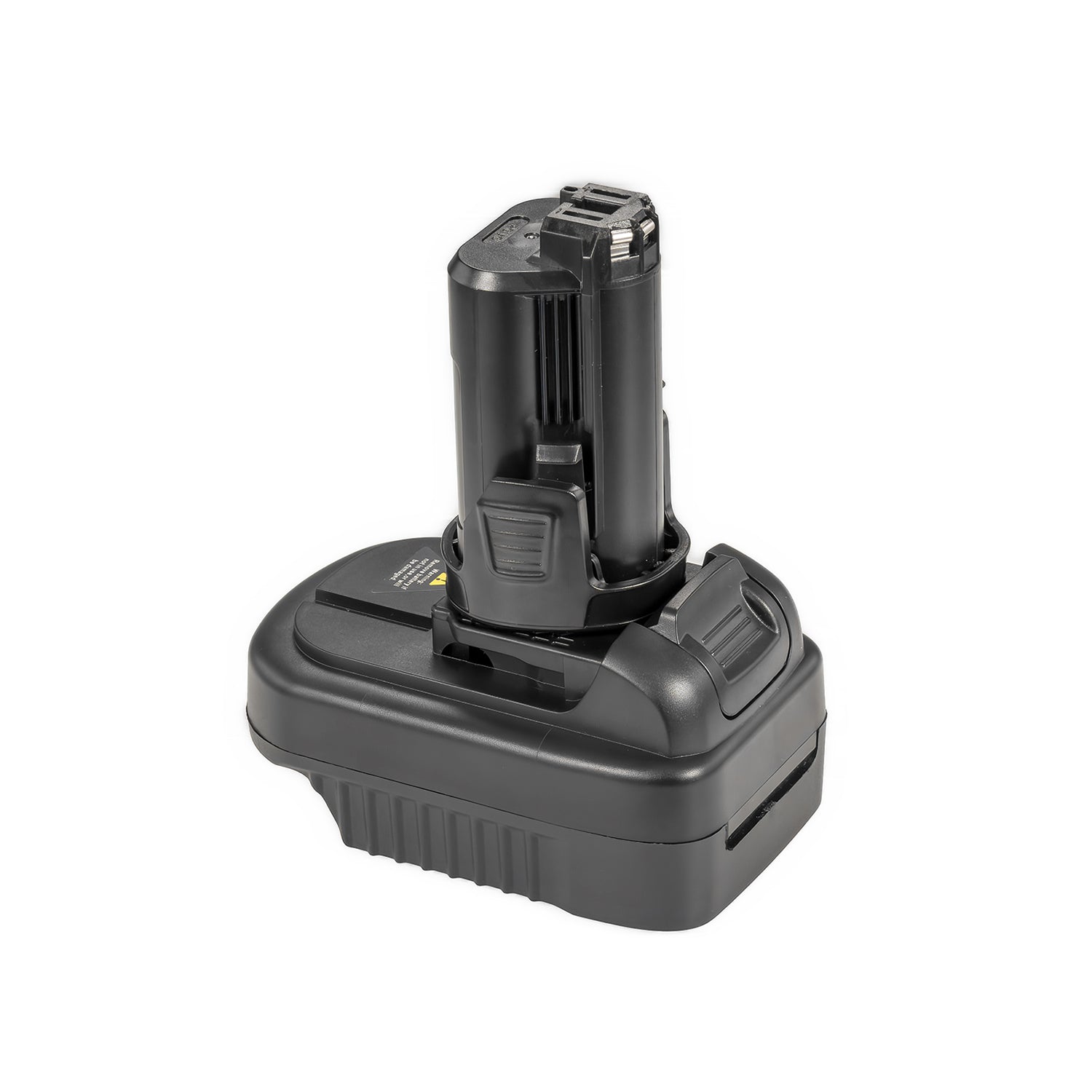 Makita 18V LXT to Bosch 12V battery adapter - Bosch 12V tool-side post upward, ribbed release button beside it