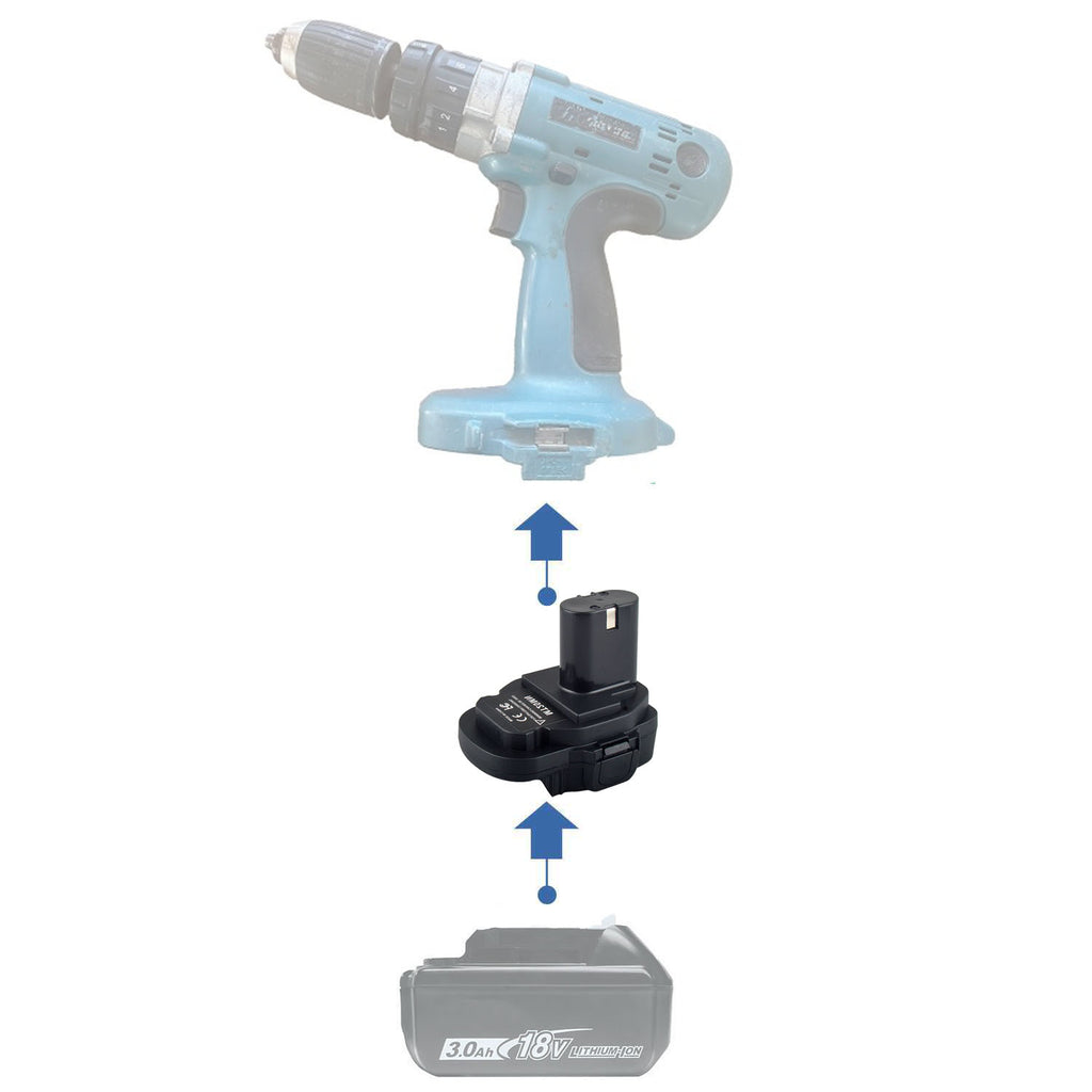 Makita 18V LXT to Makita 18V Ni-Cd/Ni-MH battery adapter - compatibility diagram showing battery, adapter and drill