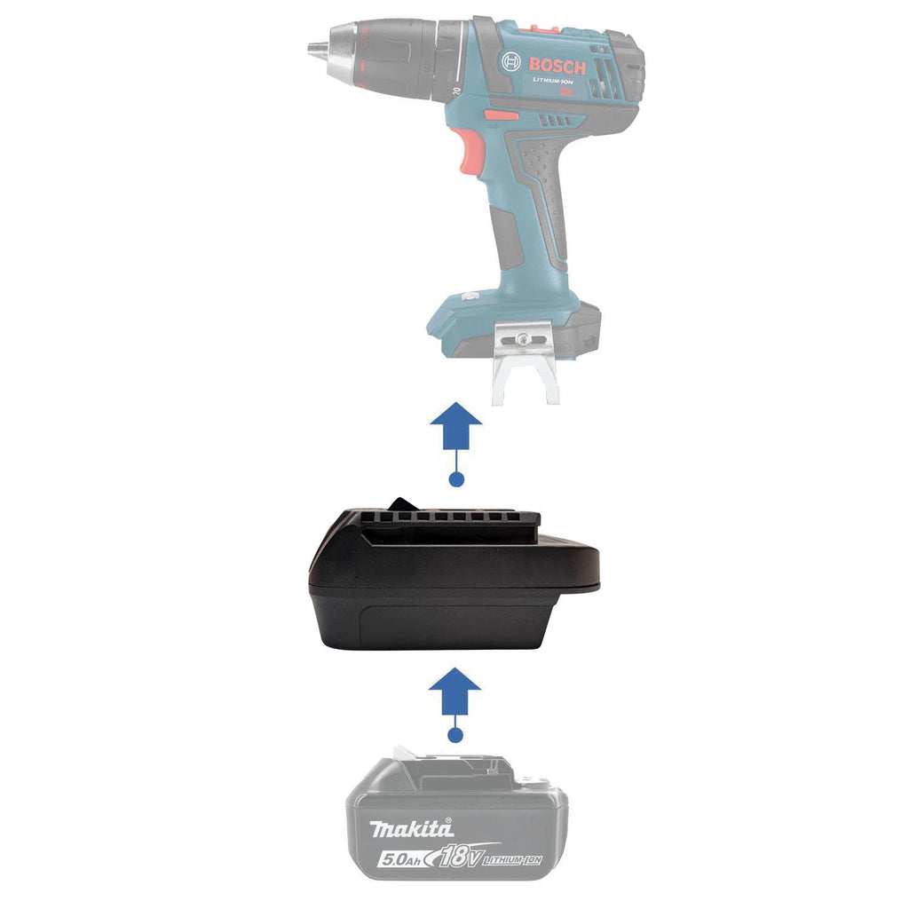 Makita 18V LXT to Bosch 18V GBA (Blue) battery adapter - compatibility diagram showing battery, adapter and drill