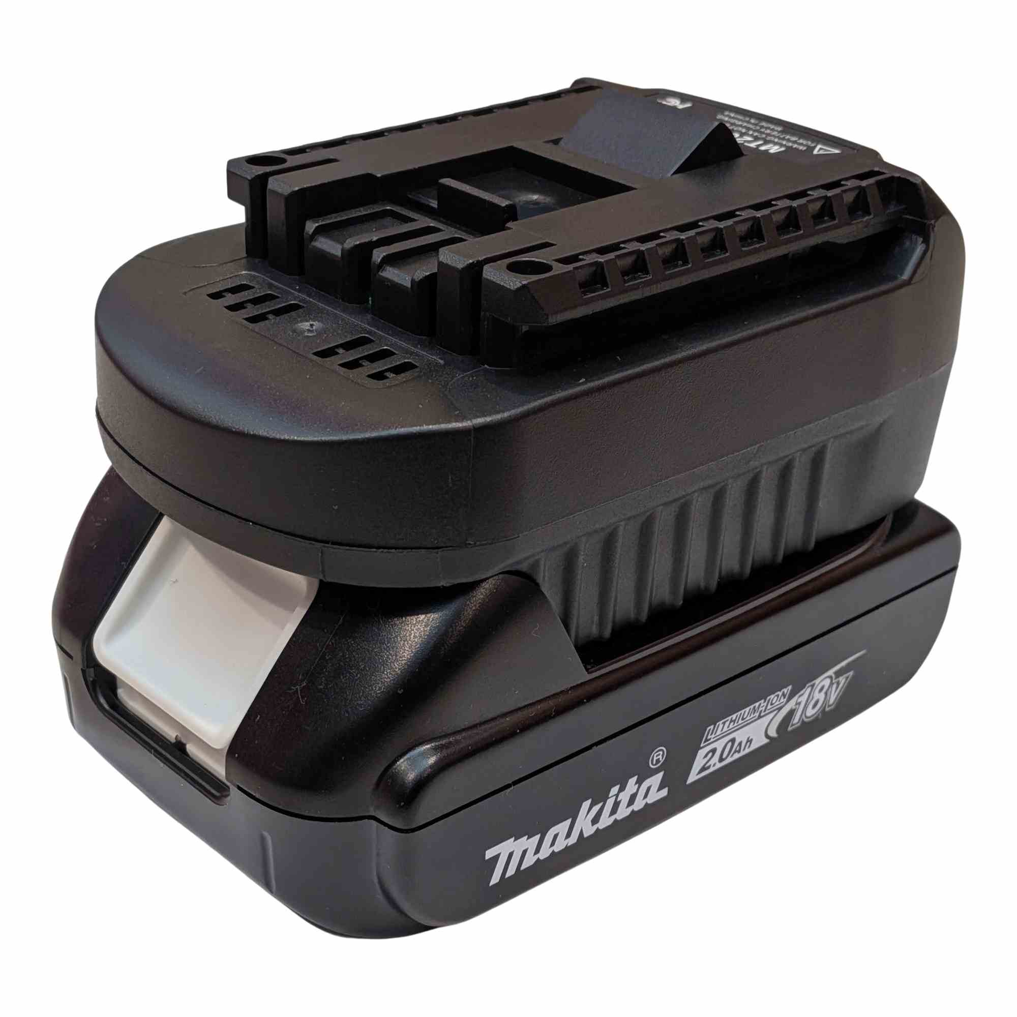 Makita 18V LXT to Bosch 18V GBA (Blue) battery adapter - fitted to the Makita 18V LXT battery, Bosch-side rail facing up
