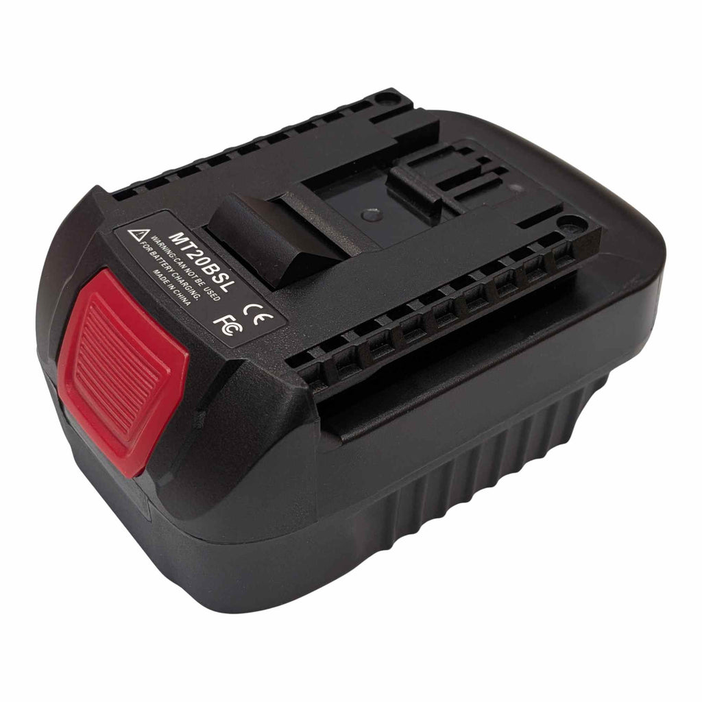 Makita 18V LXT to Bosch 18V GBA (Blue) battery adapter - Bosch-side rail, release button and rating label