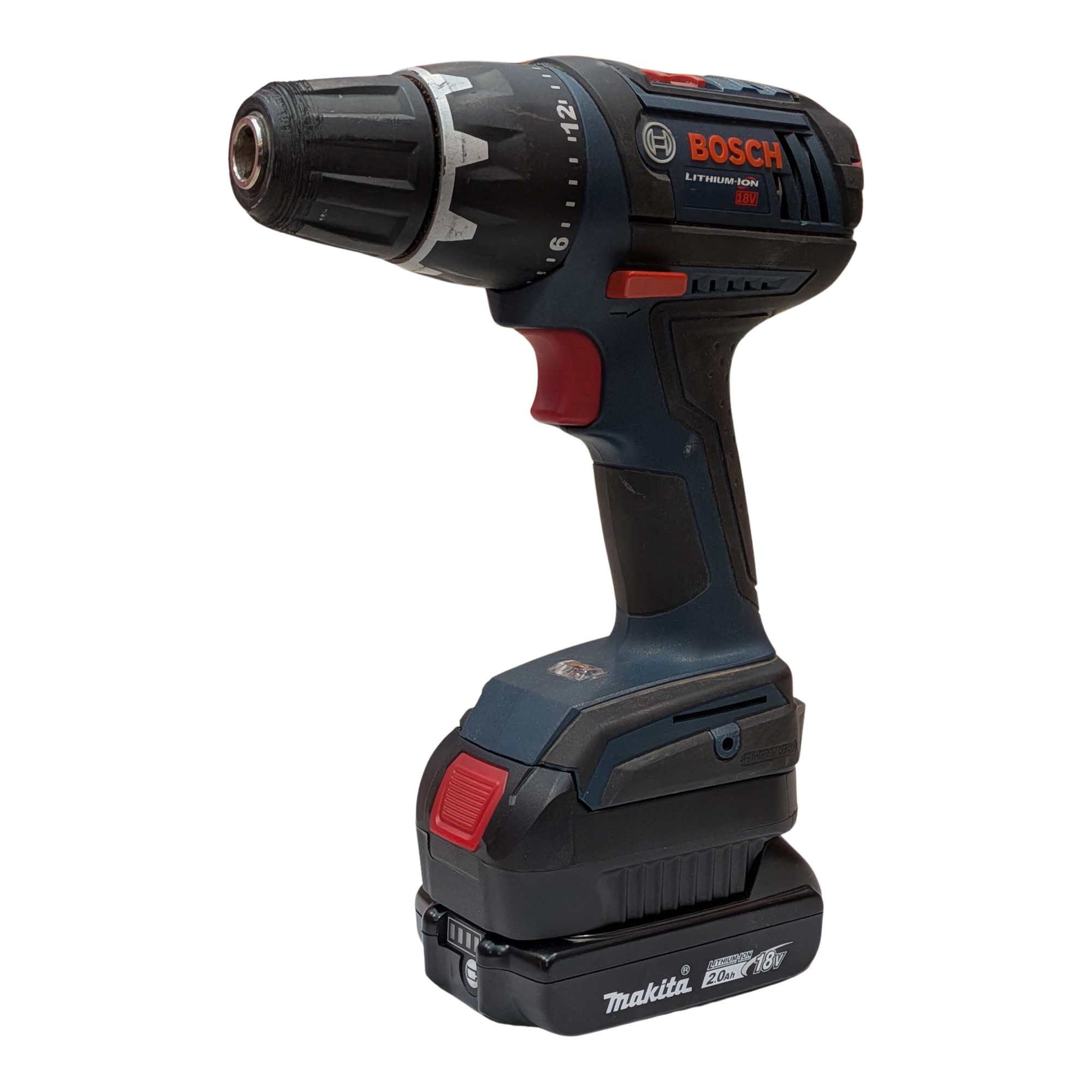 Makita 18V LXT to Bosch 18V GBA (Blue) battery adapter - installed on a Bosch drill with the Makita battery attached