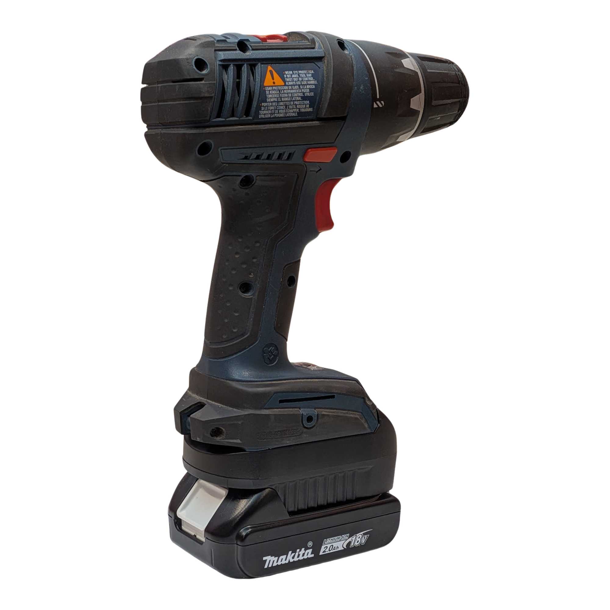 Makita 18V LXT to Bosch 18V GBA (Blue) battery adapter - installed on a Bosch drill, rear view