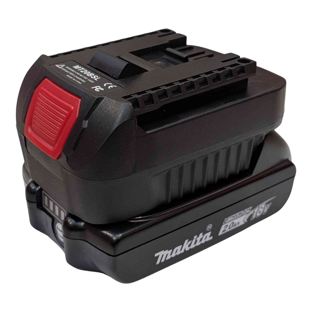 Makita 18V LXT to Bosch 18V GBA (Blue) battery adapter - fitted to the Makita 18V LXT battery, release button in view