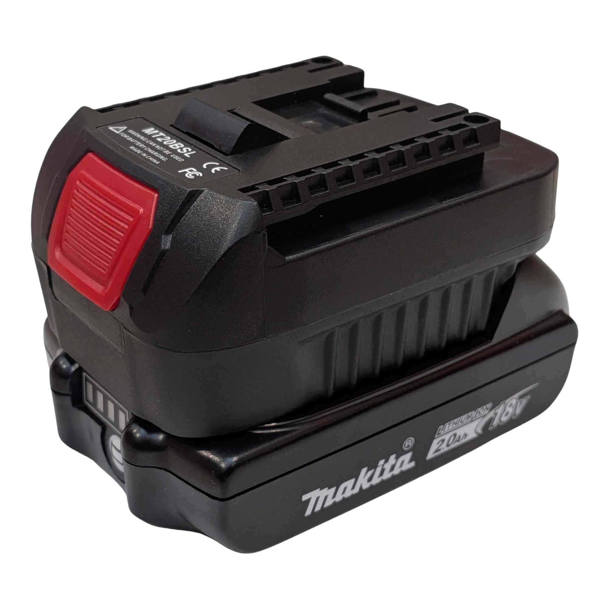 Makita 18V LXT to Bosch 18V GBA (Blue) battery adapter - fitted to the Makita 18V LXT battery, release button in view