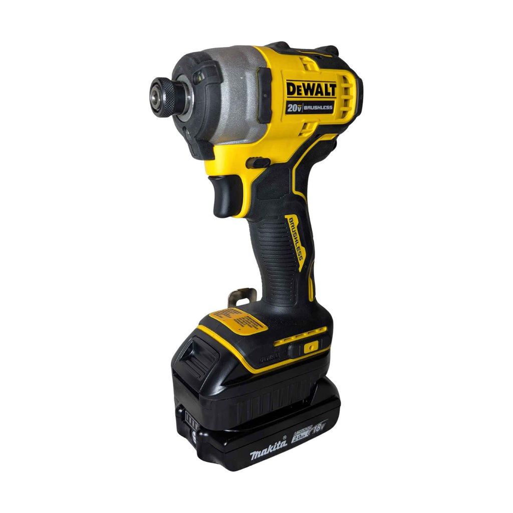 Makita 18V LXT to DeWalt 20V MAX battery adapter - installed on a DeWalt impact driver with the Makita battery attached