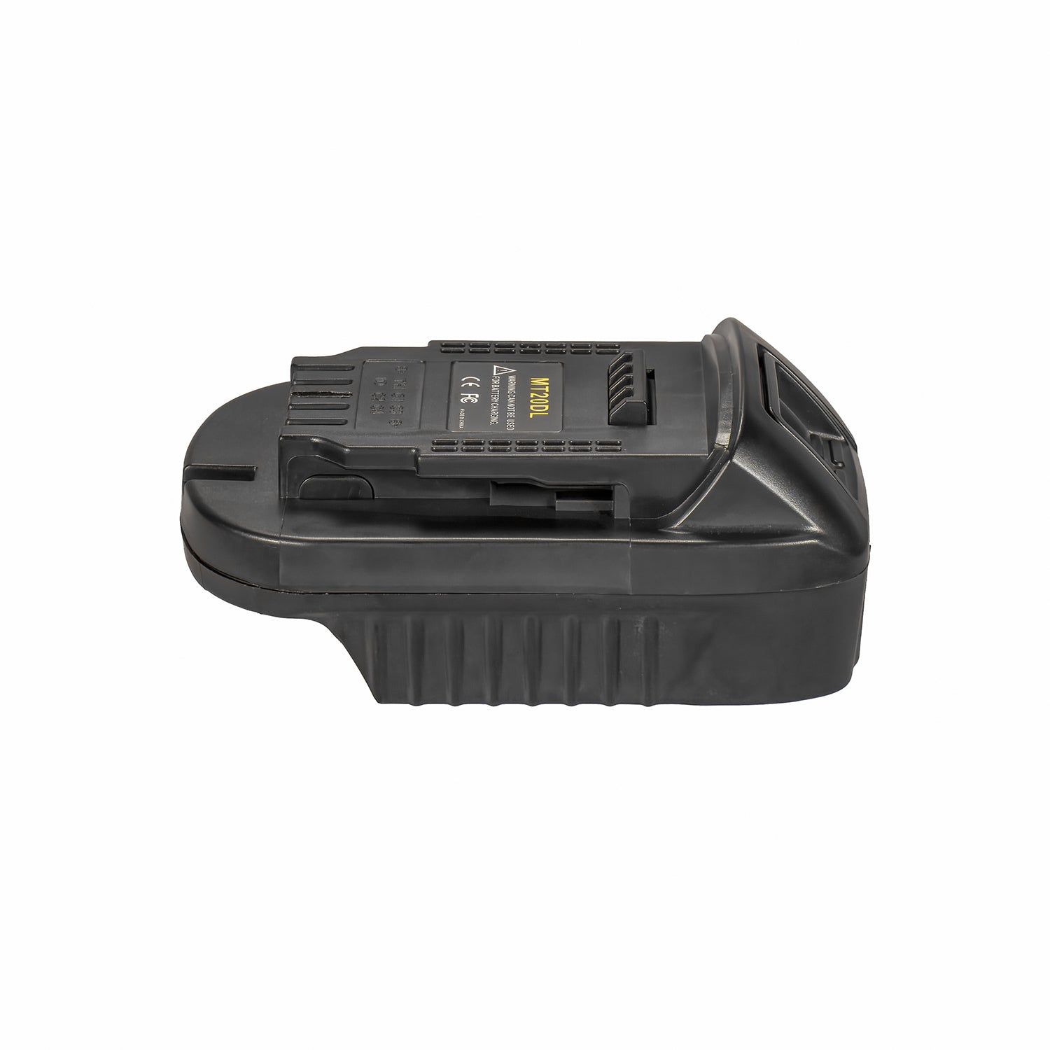 Makita 18V LXT to DeWalt 20V MAX battery adapter - side view, DeWalt-side rail above the ribbed grip