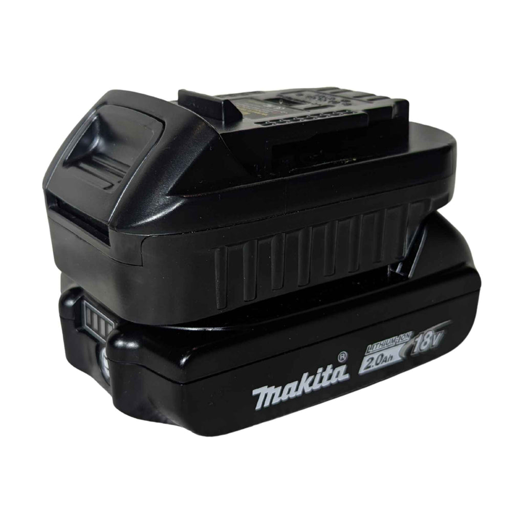 Makita 18V LXT to DeWalt 20V MAX battery adapter - fitted to the Makita 18V LXT battery, DeWalt-side rail facing up