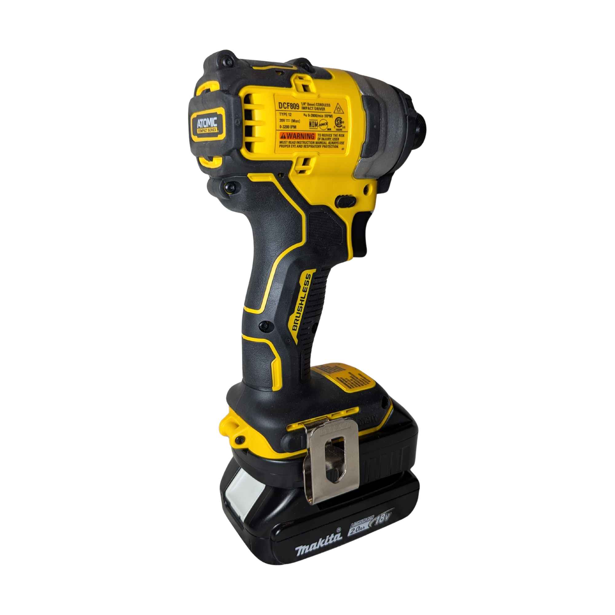 Makita 18V LXT to DeWalt 20V MAX battery adapter - installed on a DeWalt impact driver, rear view with the belt clip