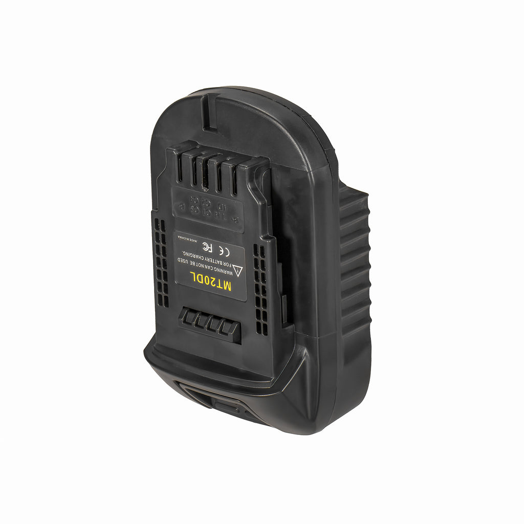 Makita 18V LXT to DeWalt 20V MAX battery adapter - DeWalt-side rail and vent slots, rating label alongside