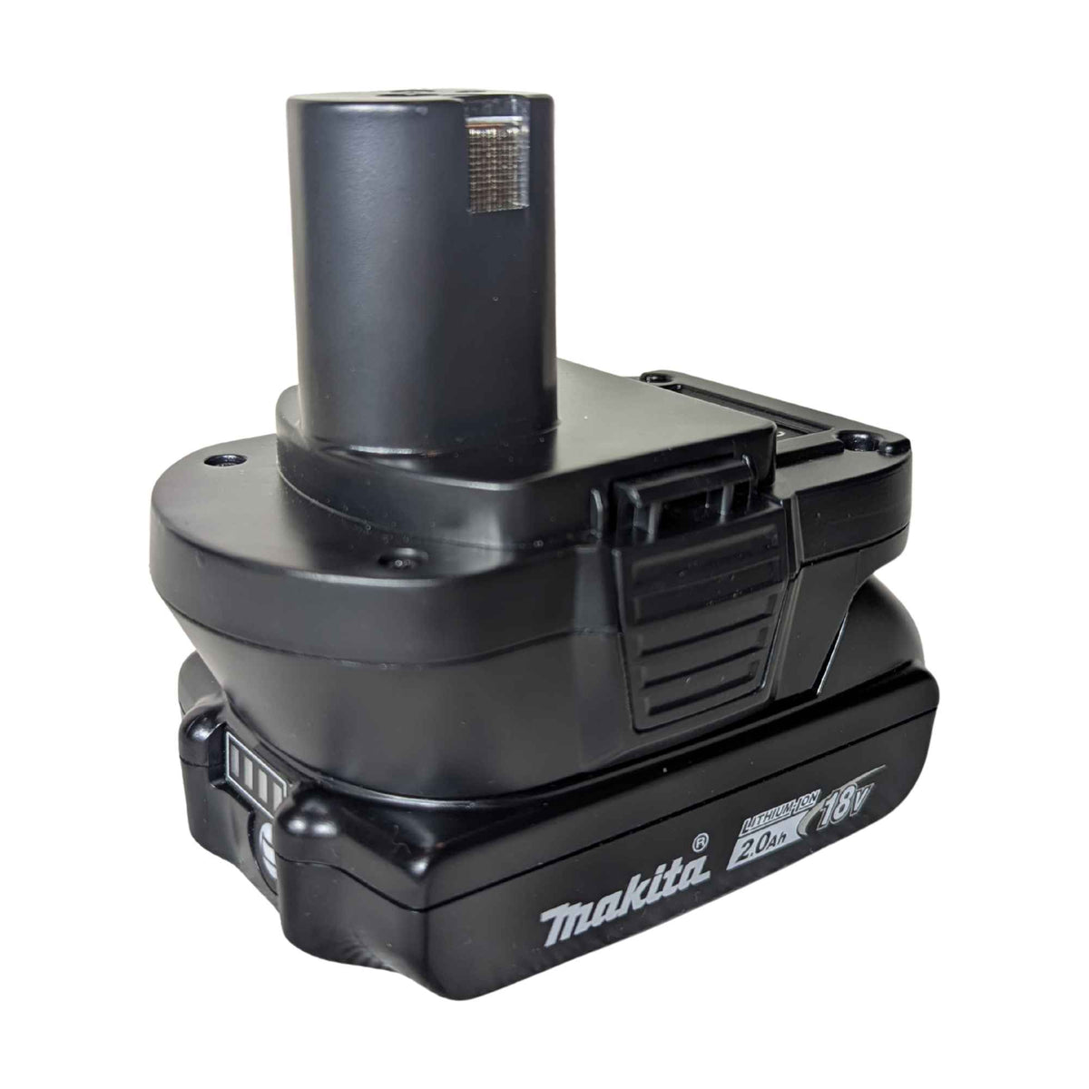 Makita 18V LXT to Ryobi 18V ONE+ battery adapter - fitted to the Makita 18V LXT battery, Ryobi post upright and release catch