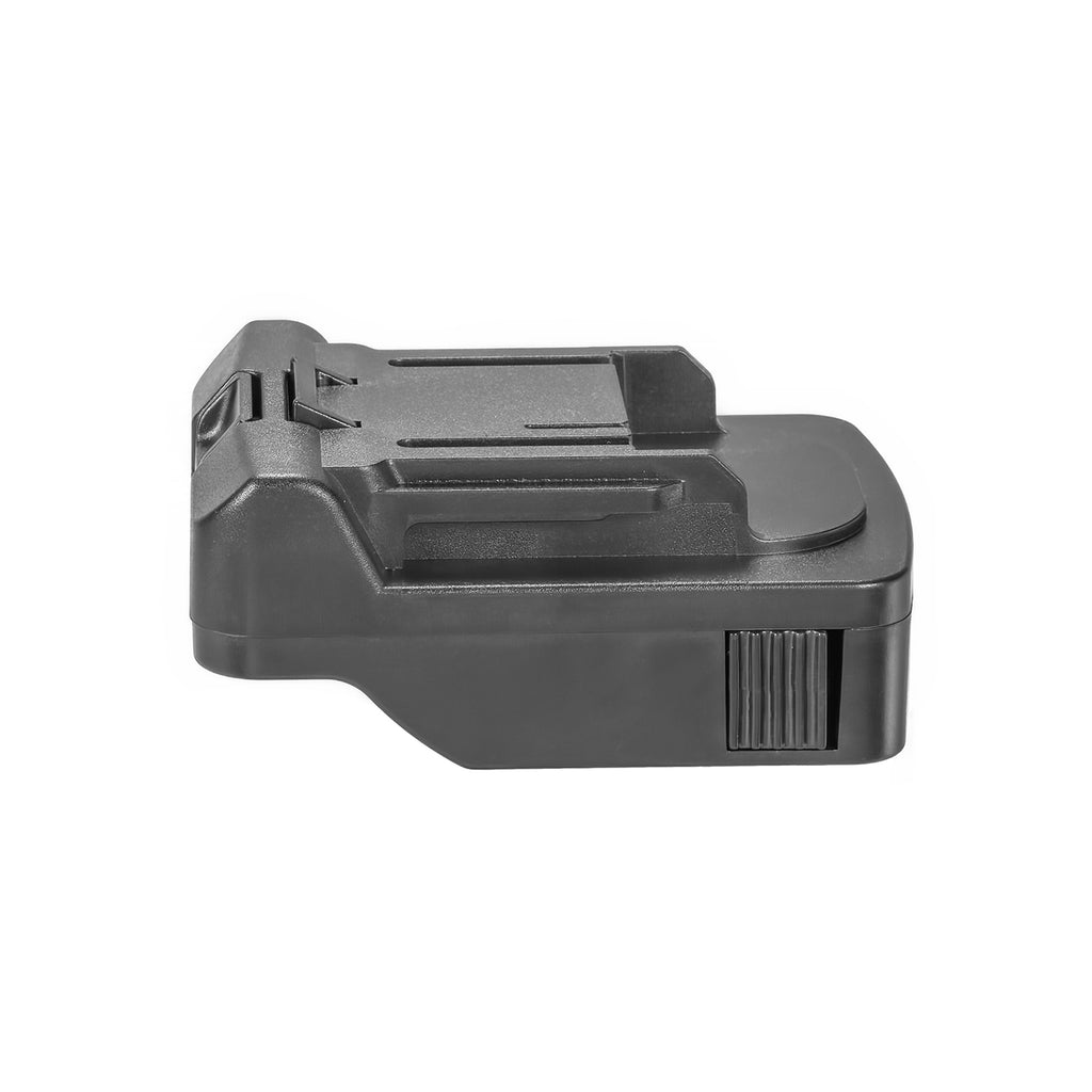 Metabo CAS 18V to RIDGID Plumbing battery adapter - side view with the RIDGID tool-side connection upward and a ribbed panel