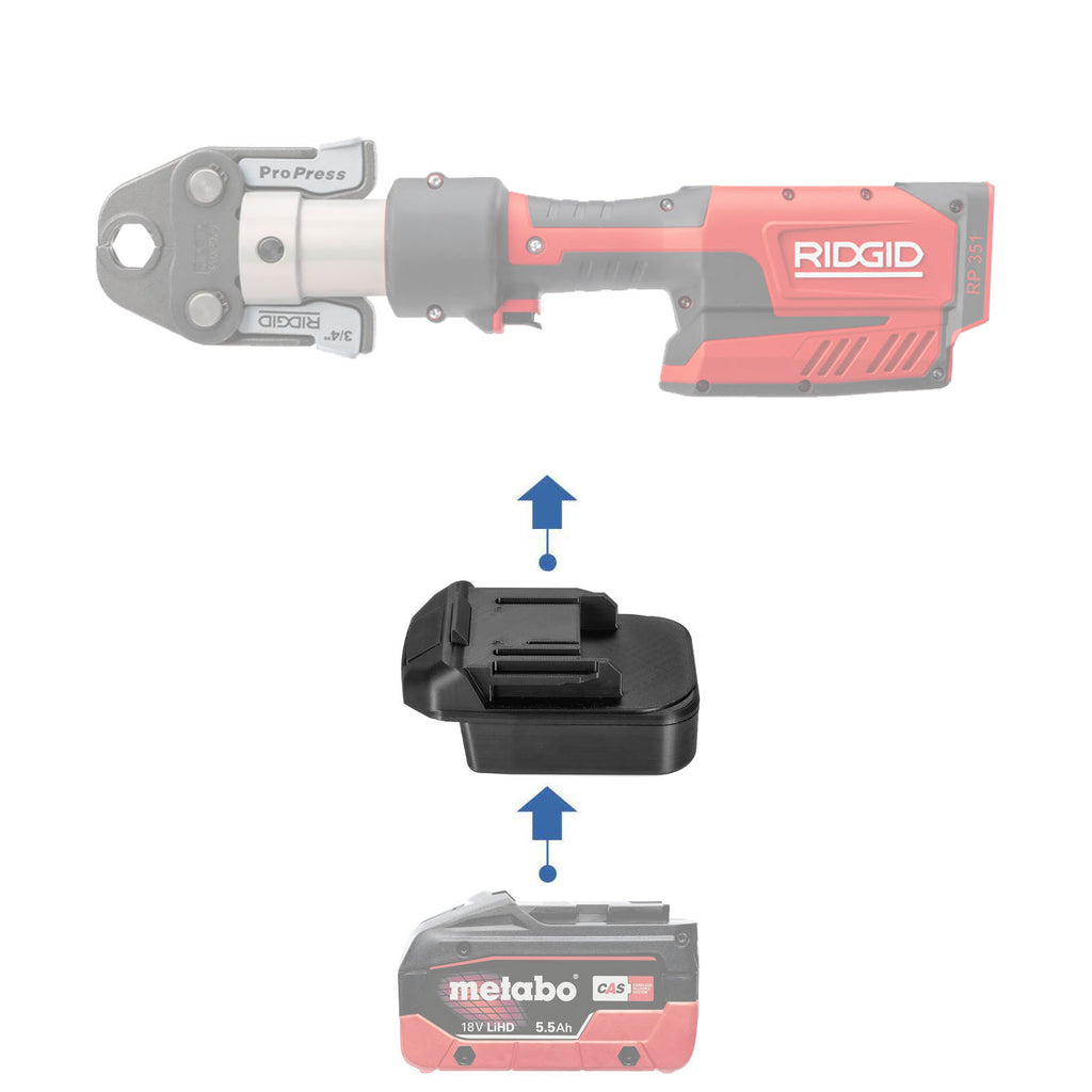Metabo CAS 18V to RIDGID Plumbing battery adapter - compatibility diagram with cordless pipe press tool