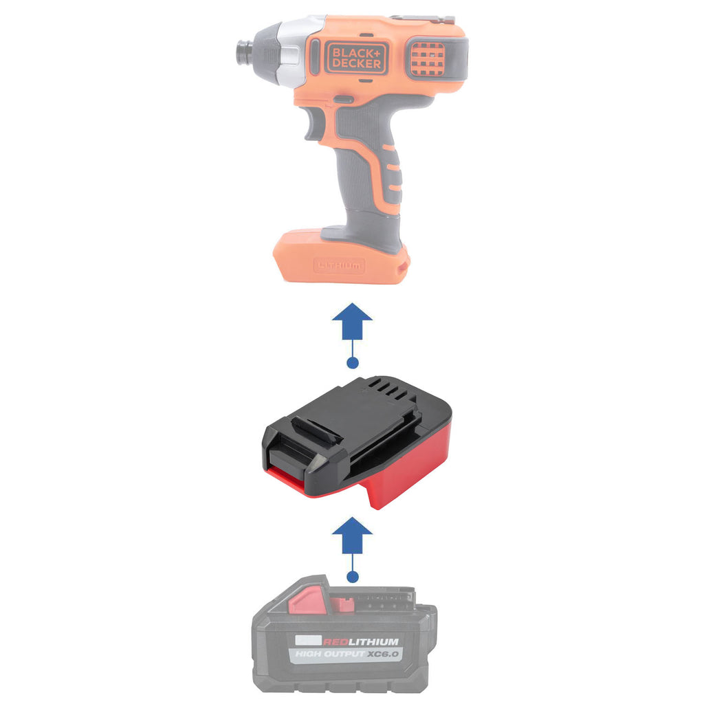 Milwaukee M18 to Black and Decker 20V battery adapter - compatibility diagram showing battery, adapter and impact driver