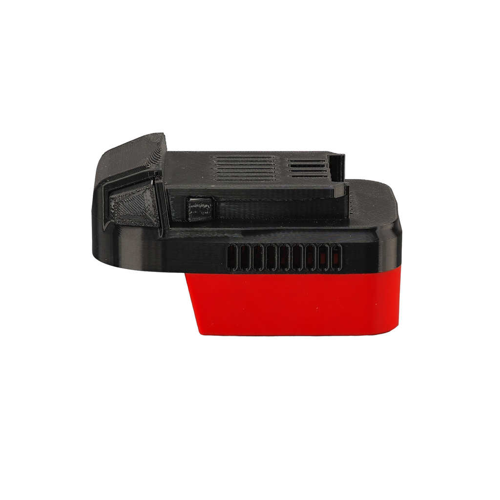 Milwaukee M18 to Kobalt 24V battery adapter - angled side view, Kobalt tool-side connection over the red body