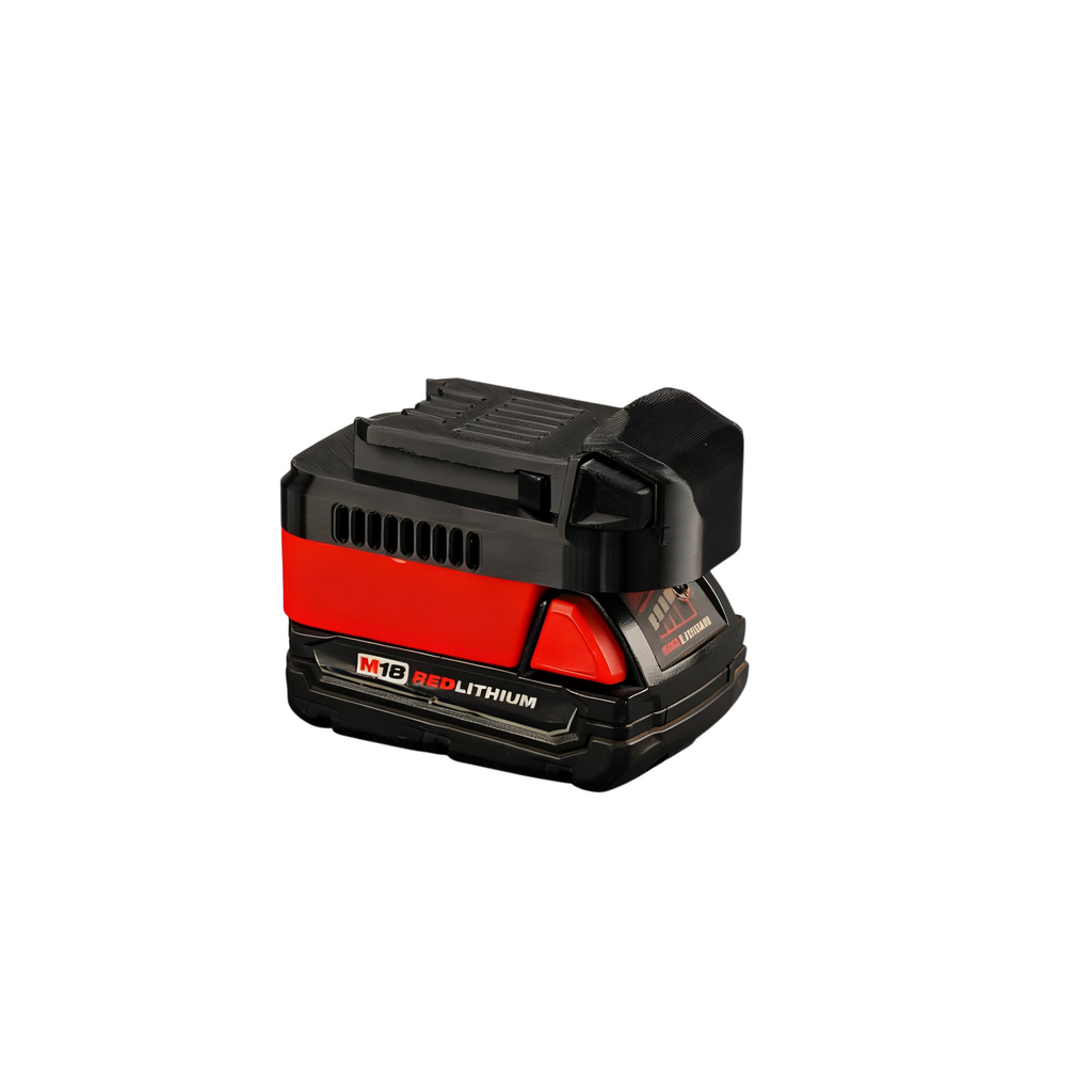Milwaukee M18 to Kobalt 24V battery adapter - fitted to the Milwaukee M18 battery, Kobalt tool side upward, side vents