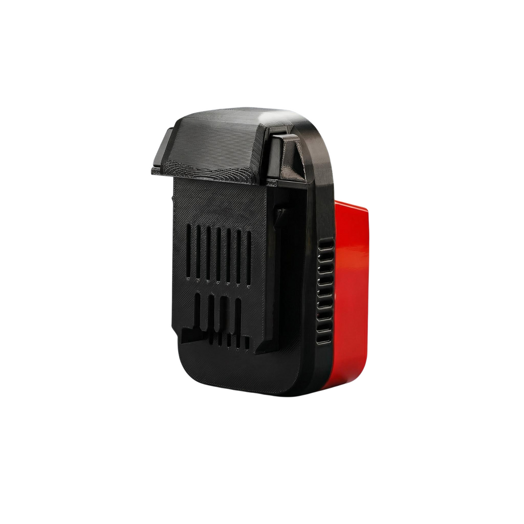 Milwaukee M18 to Kobalt 24V battery adapter - Kobalt tool-side connection end-on, slotted face and side vents