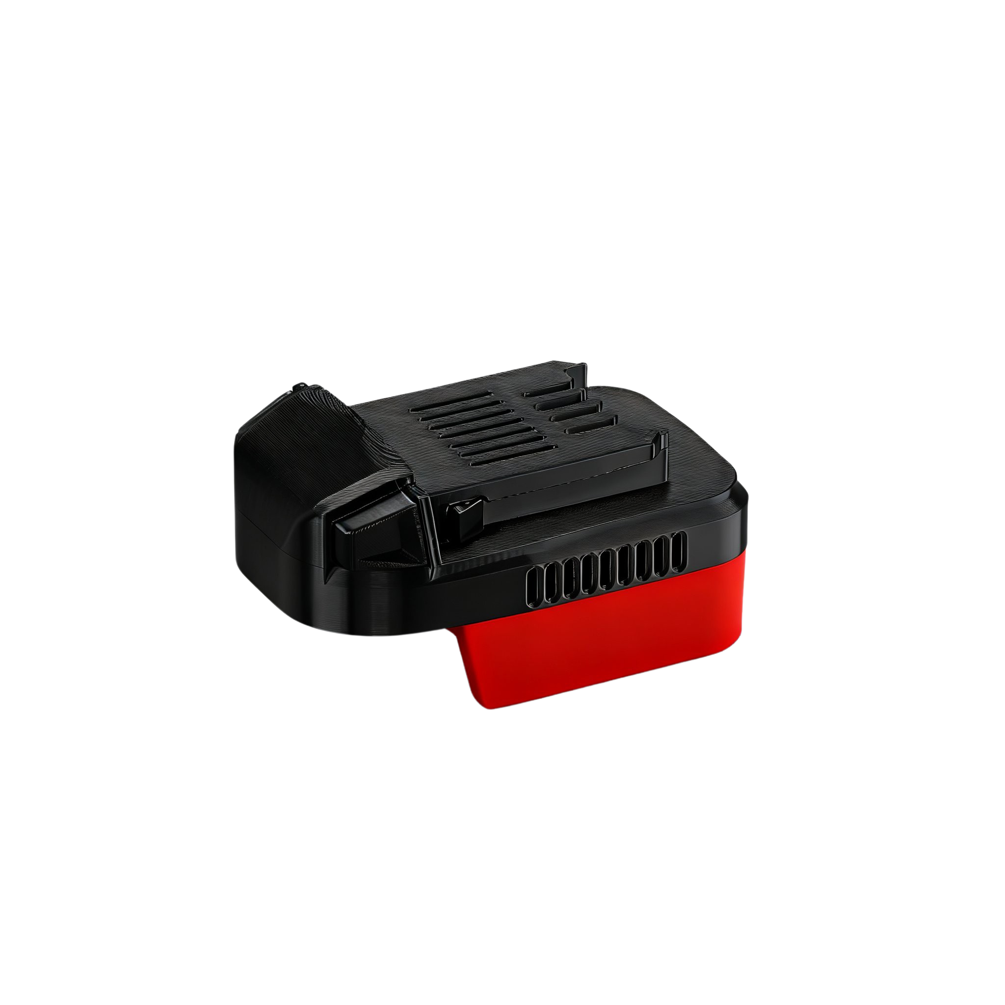 Milwaukee M18 to Kobalt 24V battery adapter - three-quarter view of the Kobalt tool-side connection over the red body