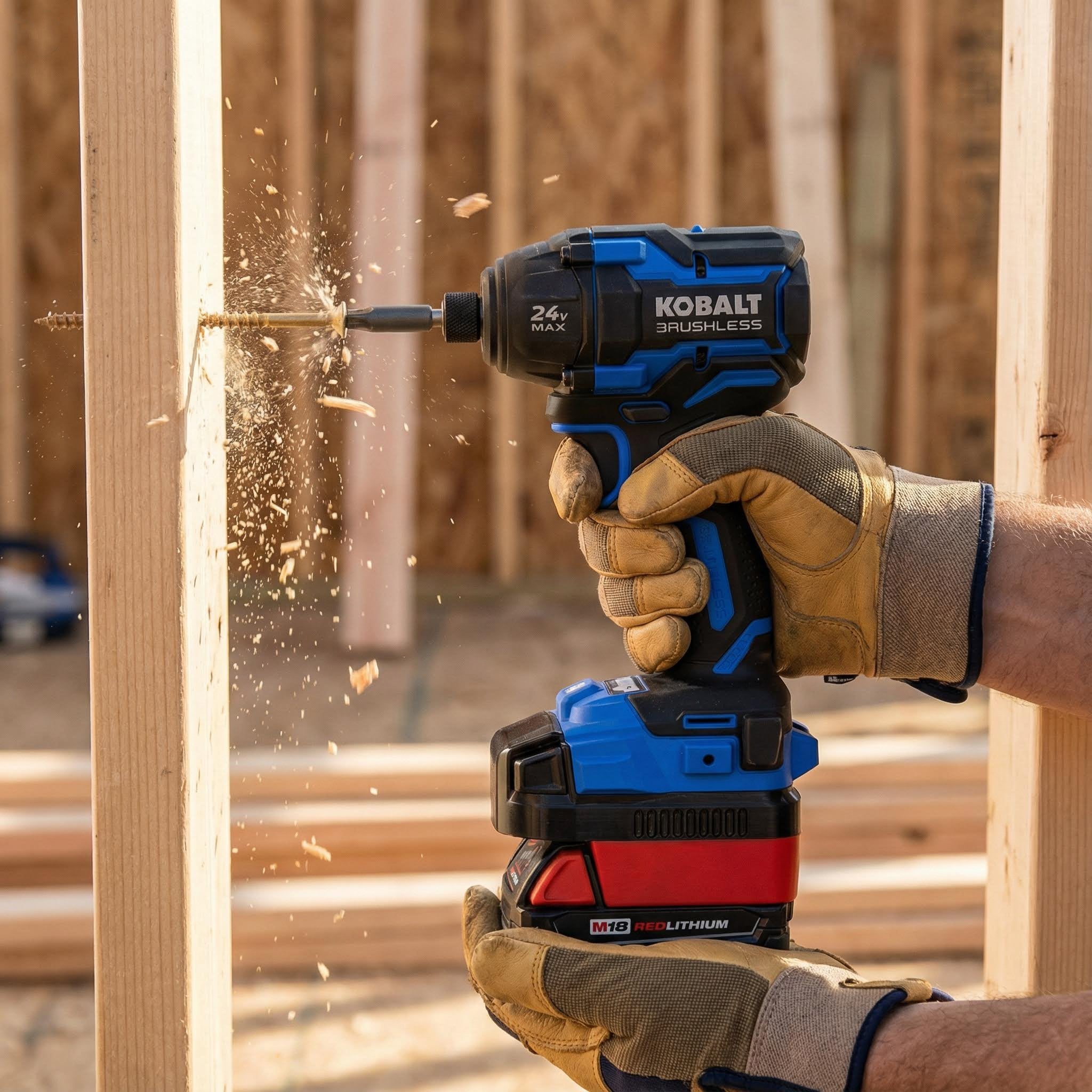 Milwaukee M18 to Kobalt 24V battery adapter - installed on a Kobalt impact driver driving a screw into timber framing