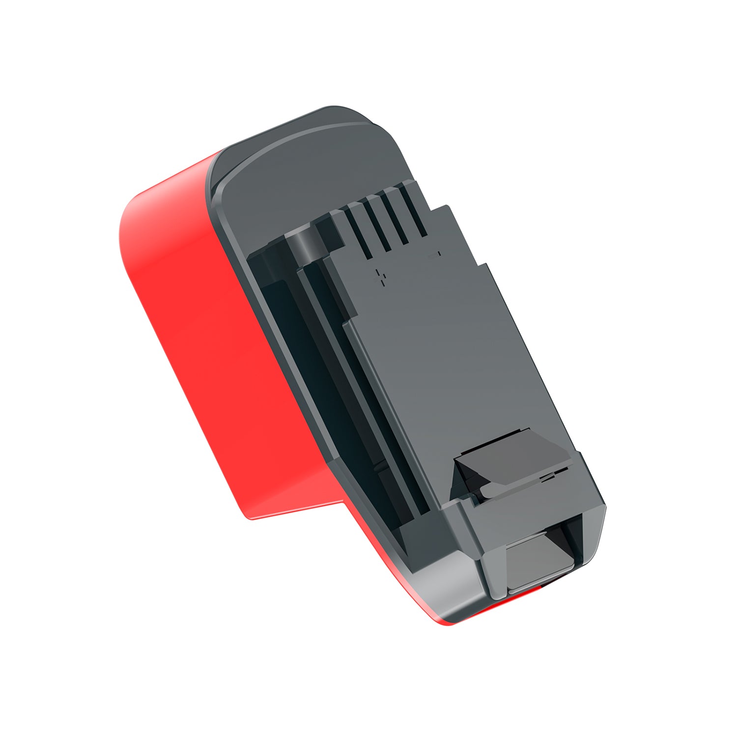 Milwaukee M18 to Porter Cable 20V battery adapter - tool-side connection at an angle showing the rail and latch recess