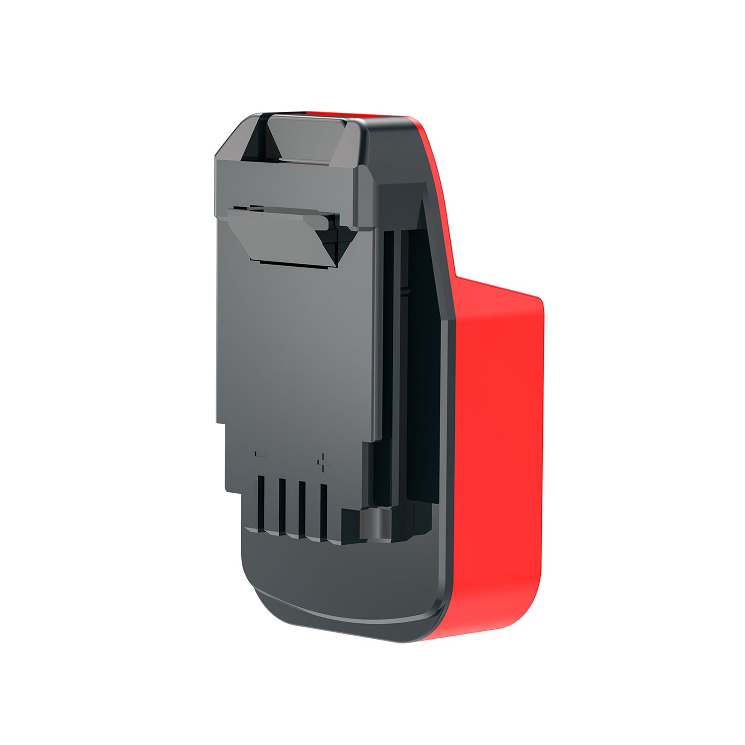 Milwaukee M18 to Porter Cable 20V battery adapter - side view of the tool-side connection, latch recess and terminal slots
