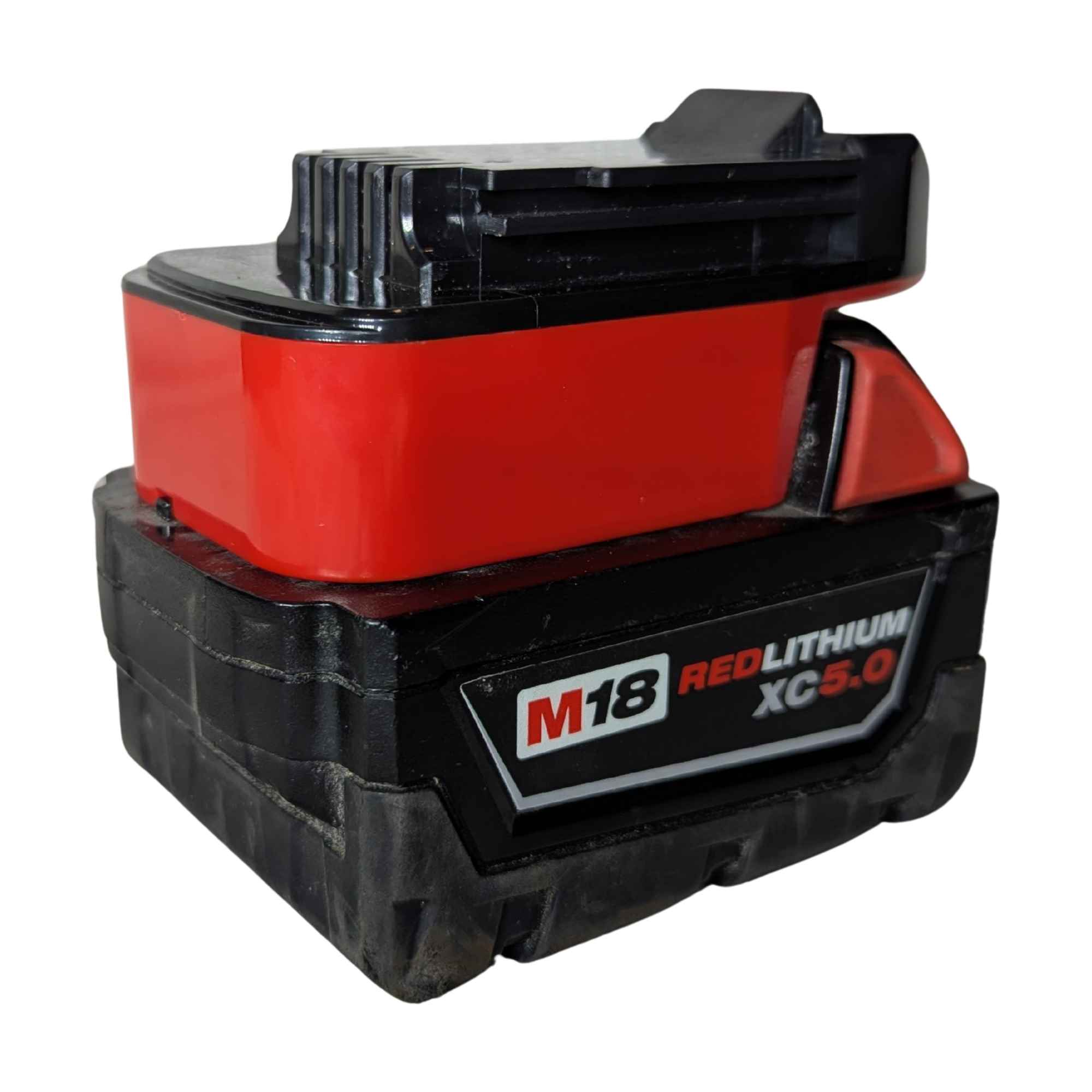 Milwaukee M18 to Black and Decker 20V battery adapter - fitted to the Milwaukee M18 battery, tool-side rails upward