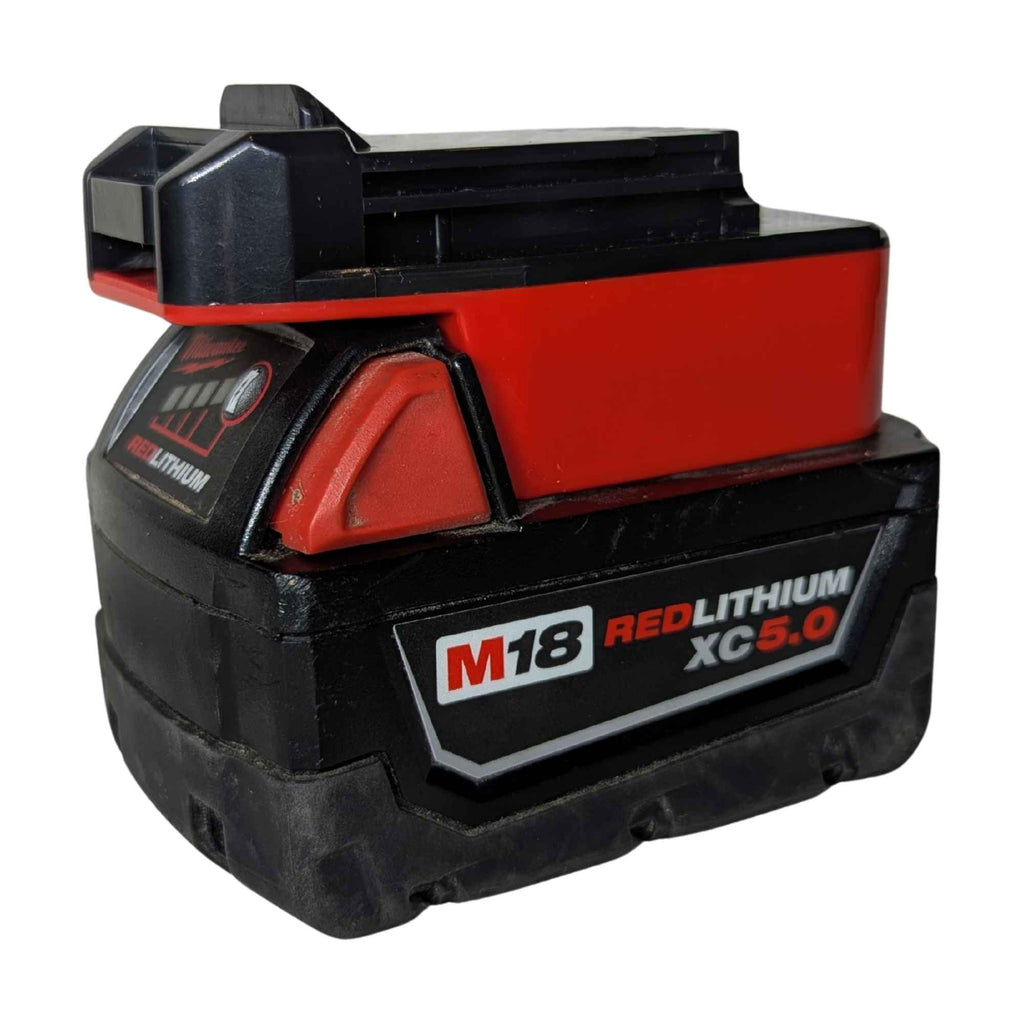 Milwaukee M18 to Black and Decker 20V battery adapter - fitted to the Milwaukee M18 battery, tool-side rails upward