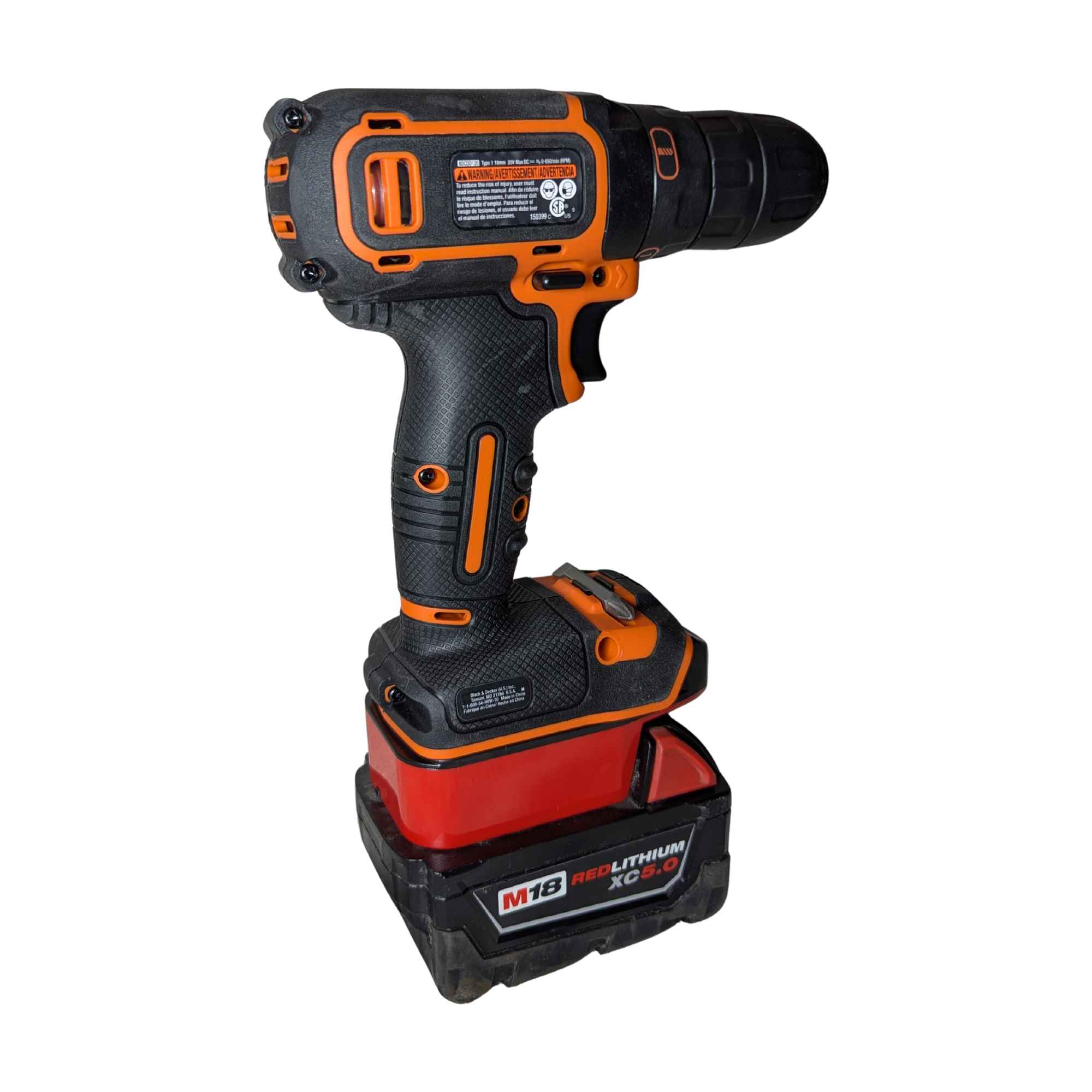 Milwaukee M18 to Black and Decker 20V battery adapter - installed on a Black and Decker drill, battery fitted beneath