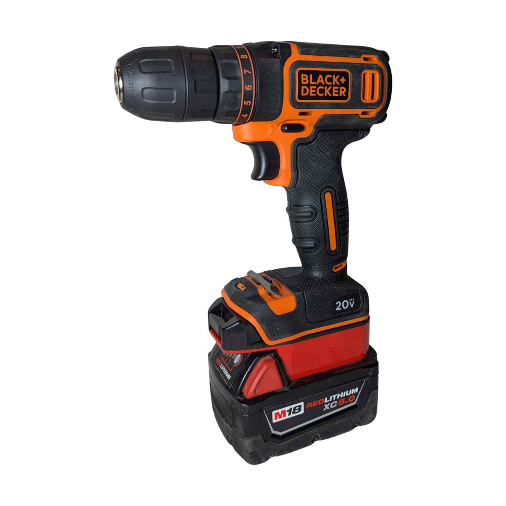 Milwaukee M18 to Black and Decker 20V battery adapter - installed on a Black and Decker drill, battery fitted beneath