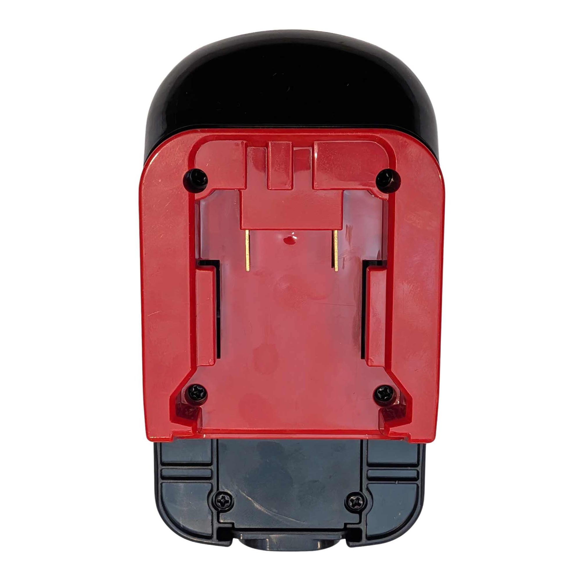 Milwaukee M18 to Black and Decker 18V Ni-Cd battery adapter - red battery-side face, four screws and twin copper blades