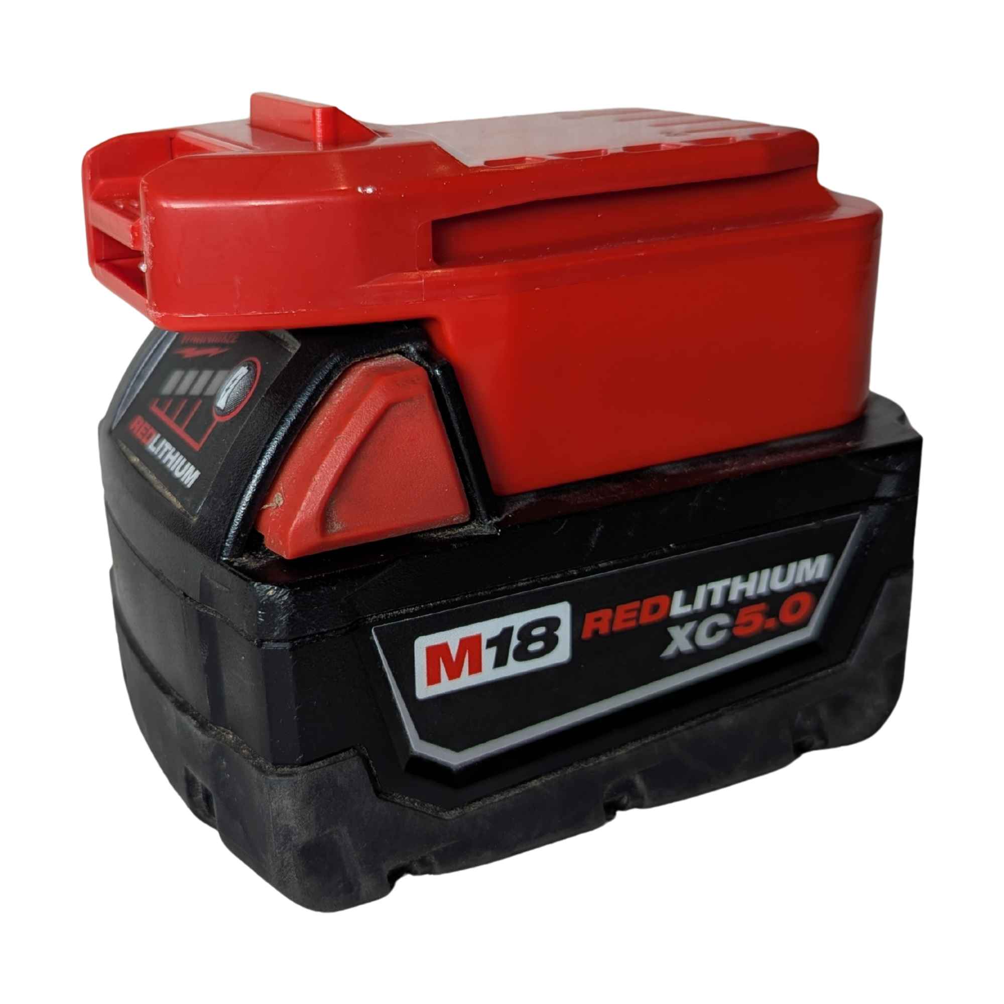Milwaukee M18 to Craftsman 20V battery adapter - fitted to the Milwaukee M18 battery, tool-side rails and latch upward