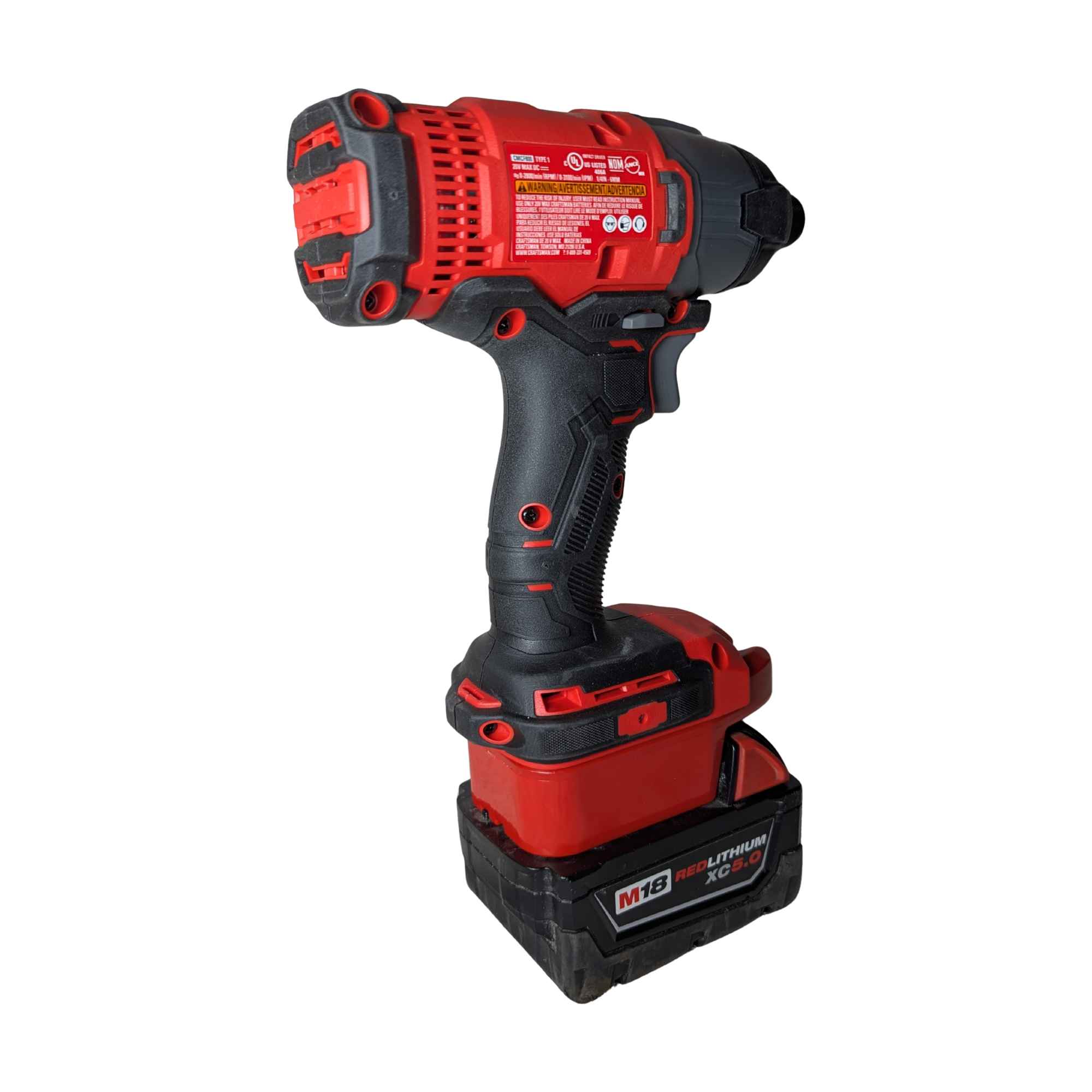 Milwaukee M18 to Craftsman 20V battery adapter - rear view installed on an impact driver with the battery attached