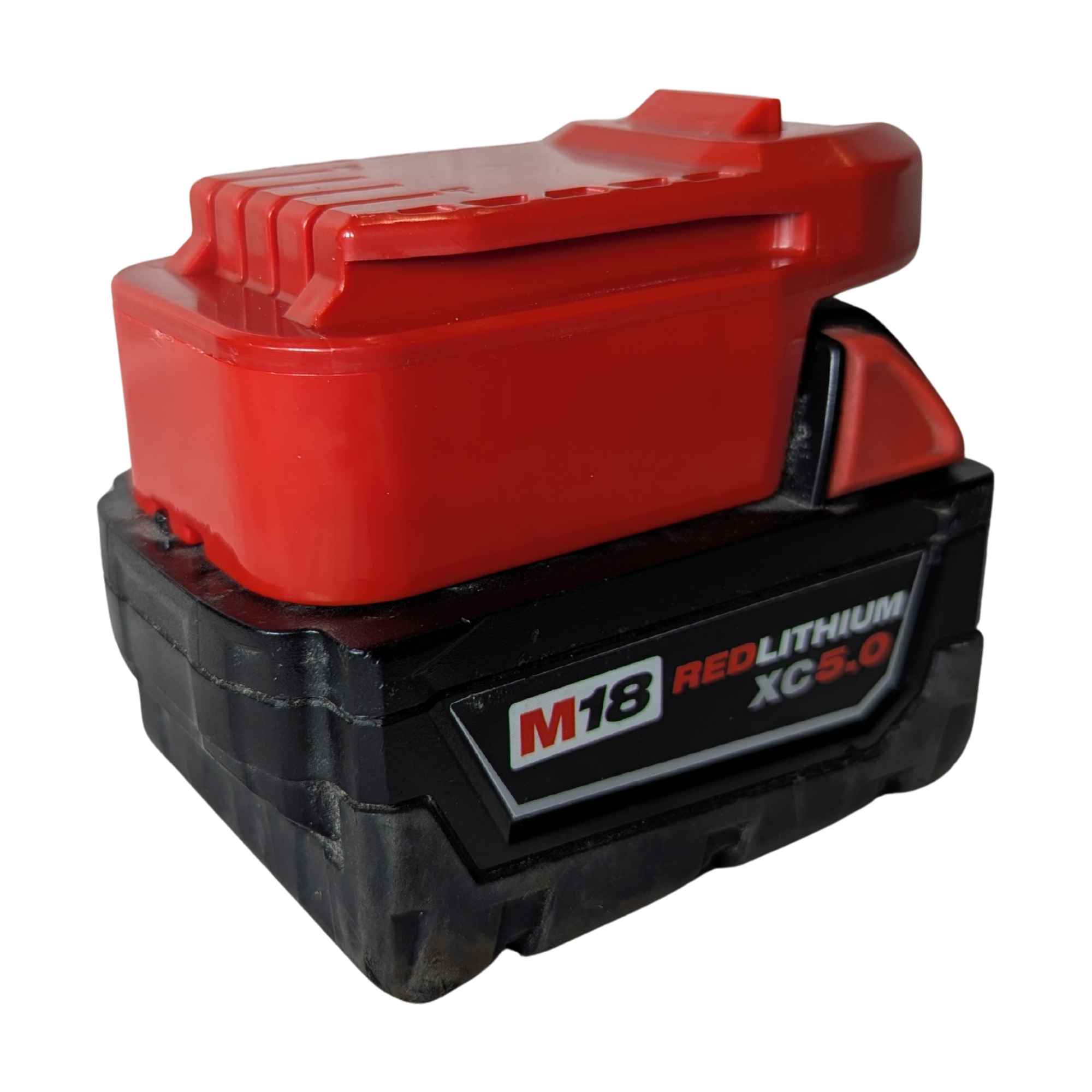 Milwaukee M18 to Craftsman 20V battery adapter - fitted to the Milwaukee M18 battery, tool-side rails and latch upward