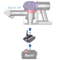 Milwaukee M18 to Dyson V8 battery adapter - compatibility diagram showing battery, adapter and stick vacuum