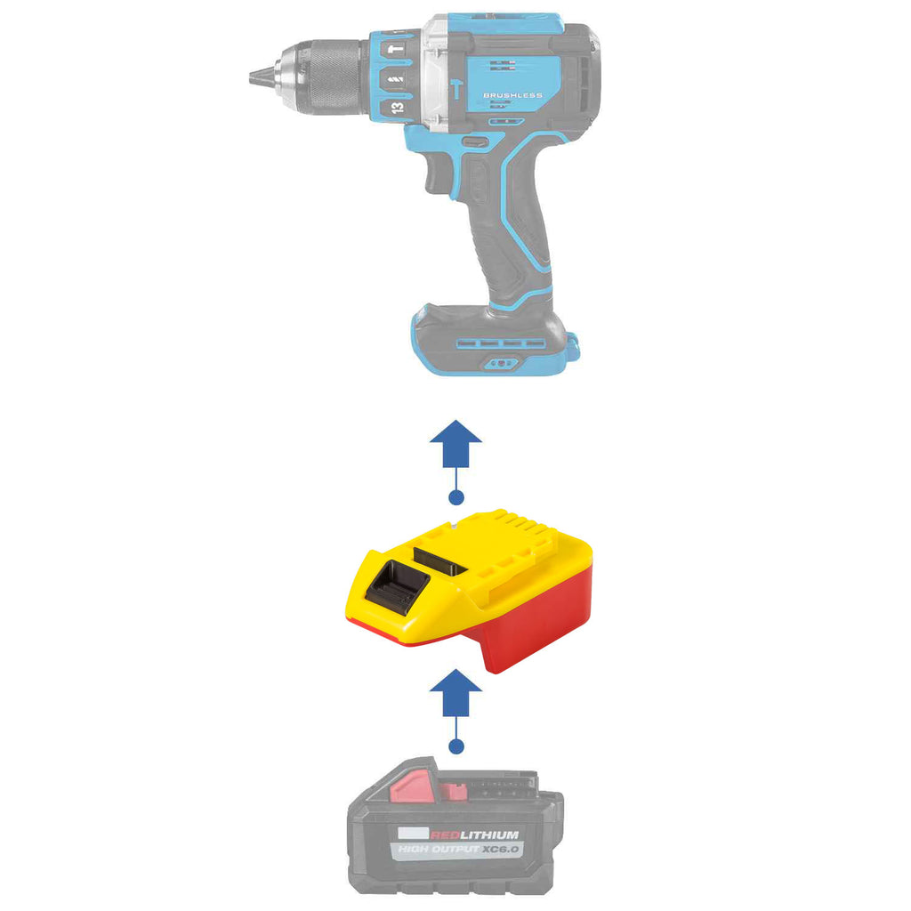 Milwaukee M18 to Hercules 20V battery adapter - compatibility diagram showing battery, adapter and cordless drill