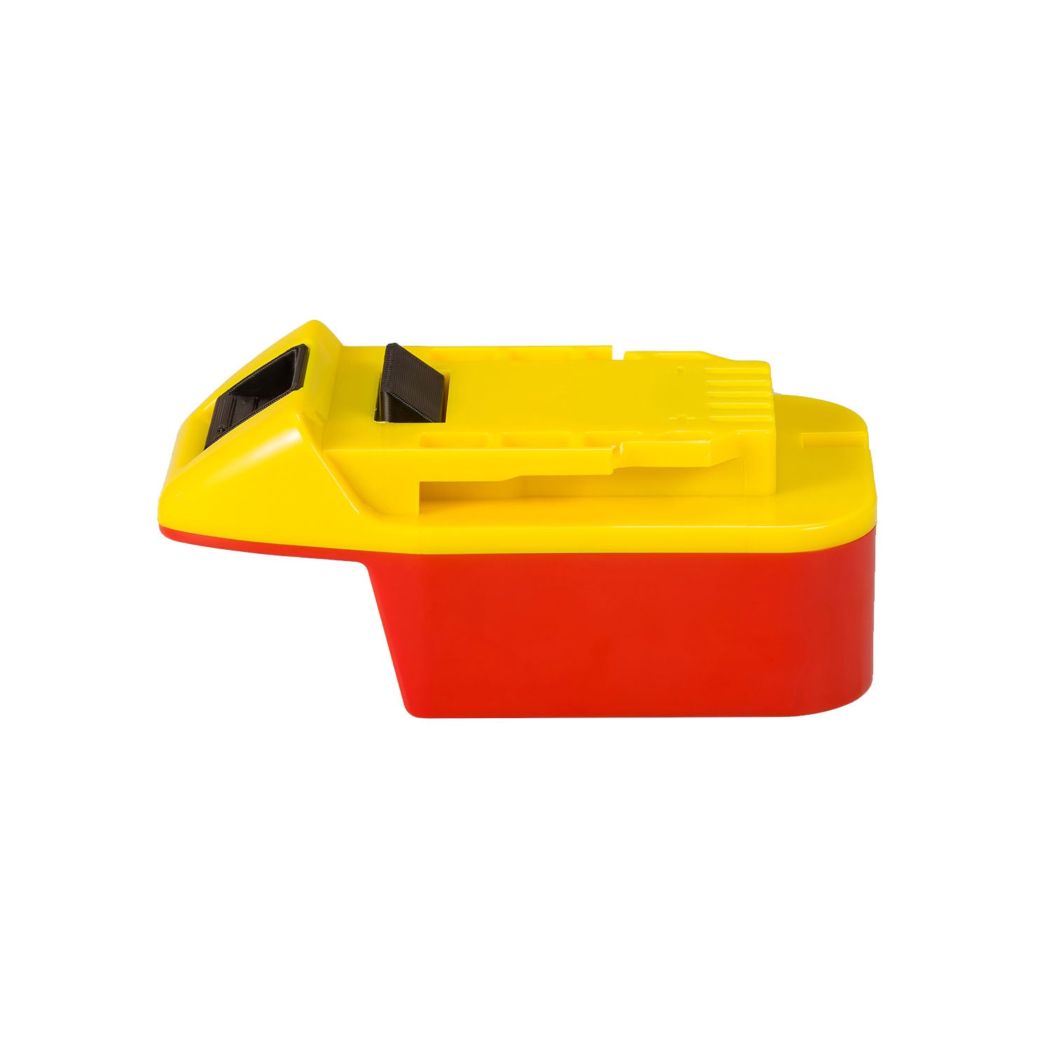 Milwaukee M18 to Hercules 20V battery adapter - side view showing both connections, yellow tool side over the red base