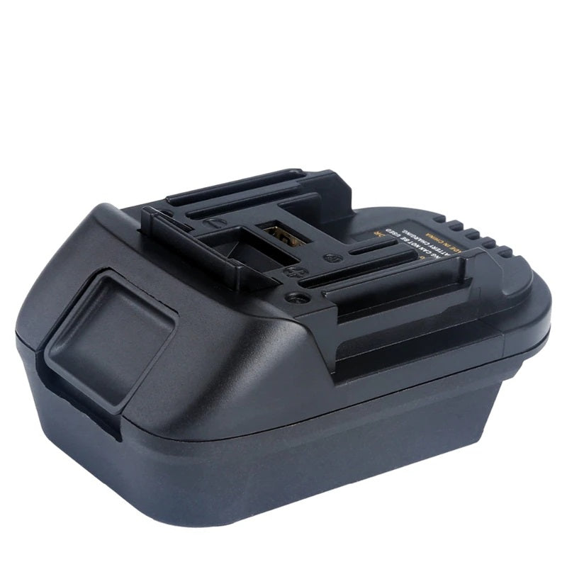 Milwaukee M18 to Makita 18V LXT battery adapter - Makita-side rail with USB port and warning label, angled