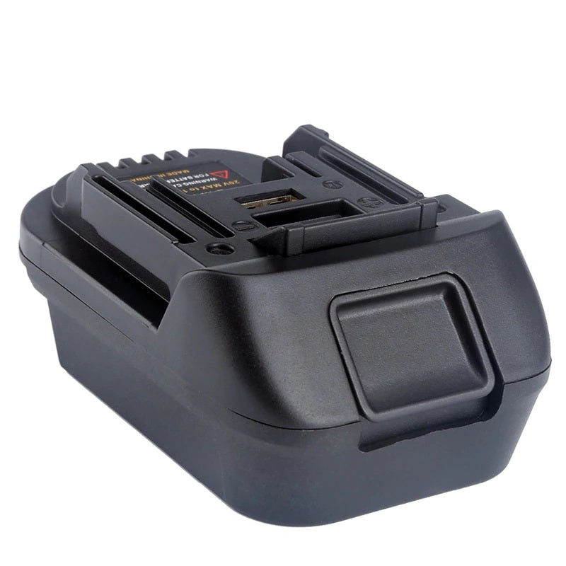 Milwaukee M18 to Makita 18V LXT battery adapter - Makita-side rail, USB port and warning label