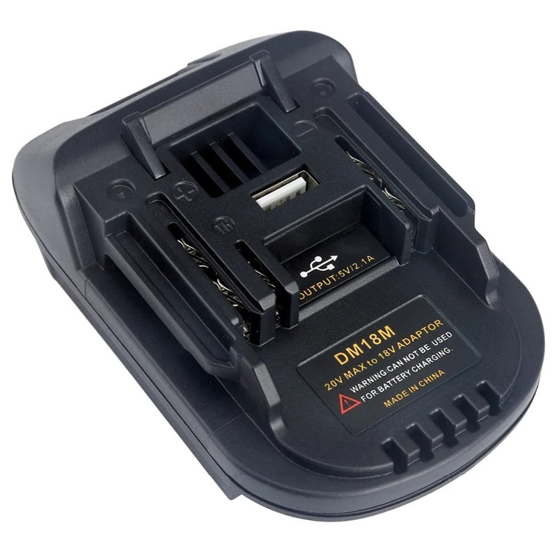 Milwaukee M18 to Makita 18V LXT battery adapter - Makita-side connection with the USB port and rating label