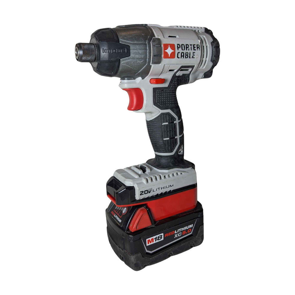 Milwaukee M18 to Porter Cable 20V battery adapter - fitted to the Milwaukee M18 battery, impact driver installed